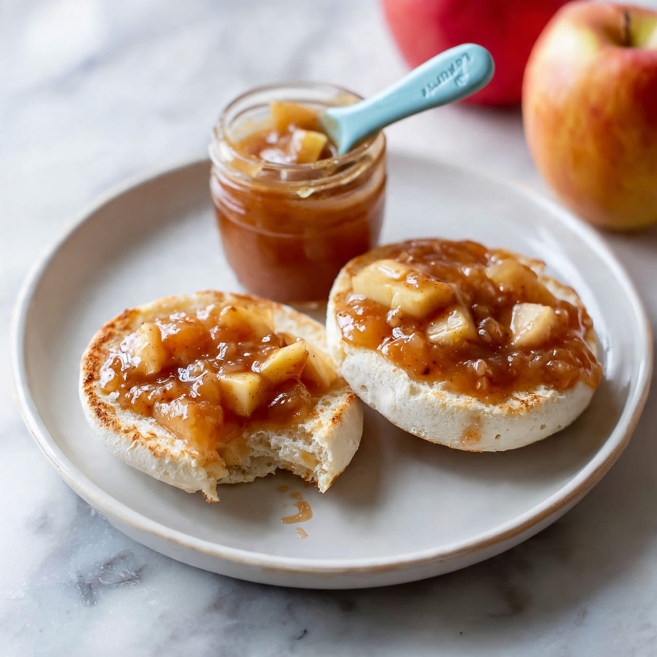 The image shows two halves of a toasted English muffin on a white plate. Each half is spread with a chunky, light brown apple sauce that has small, soft apple pieces visible. One piece has a bite taken out of it, showing the soft, fluffy inside of the muffin. Above the muffin halves, a light blue spoon holds an extra scoop of the apple spread. The plate sits on a white marbled surface with part of a red apple and a jar of honey partly visible in the background. The lighting is natural, making the textures and details clear. photo taken with an iphone --ar 4:5 --v 7