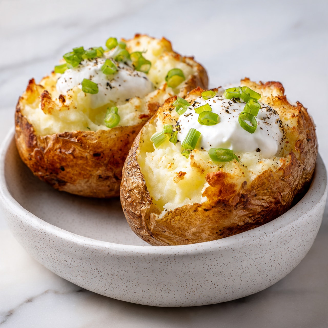 The image shows two baked potatoes on a white speckled bowl, placed on a white marbled surface. Each potato is split open and filled with creamy, fluffy mashed potato that is slightly golden on top. On the mashed potato, there is a dollop of smooth white sour cream with finely chopped green onions sprinkled on it. The potato skin is crispy and browned, creating a rough textured edge around the soft filling. Black pepper is lightly sprinkled over the sour cream and green onions, adding small dark dots to the green and white colors. Photo taken with an iphone --ar 4:5 --v 7