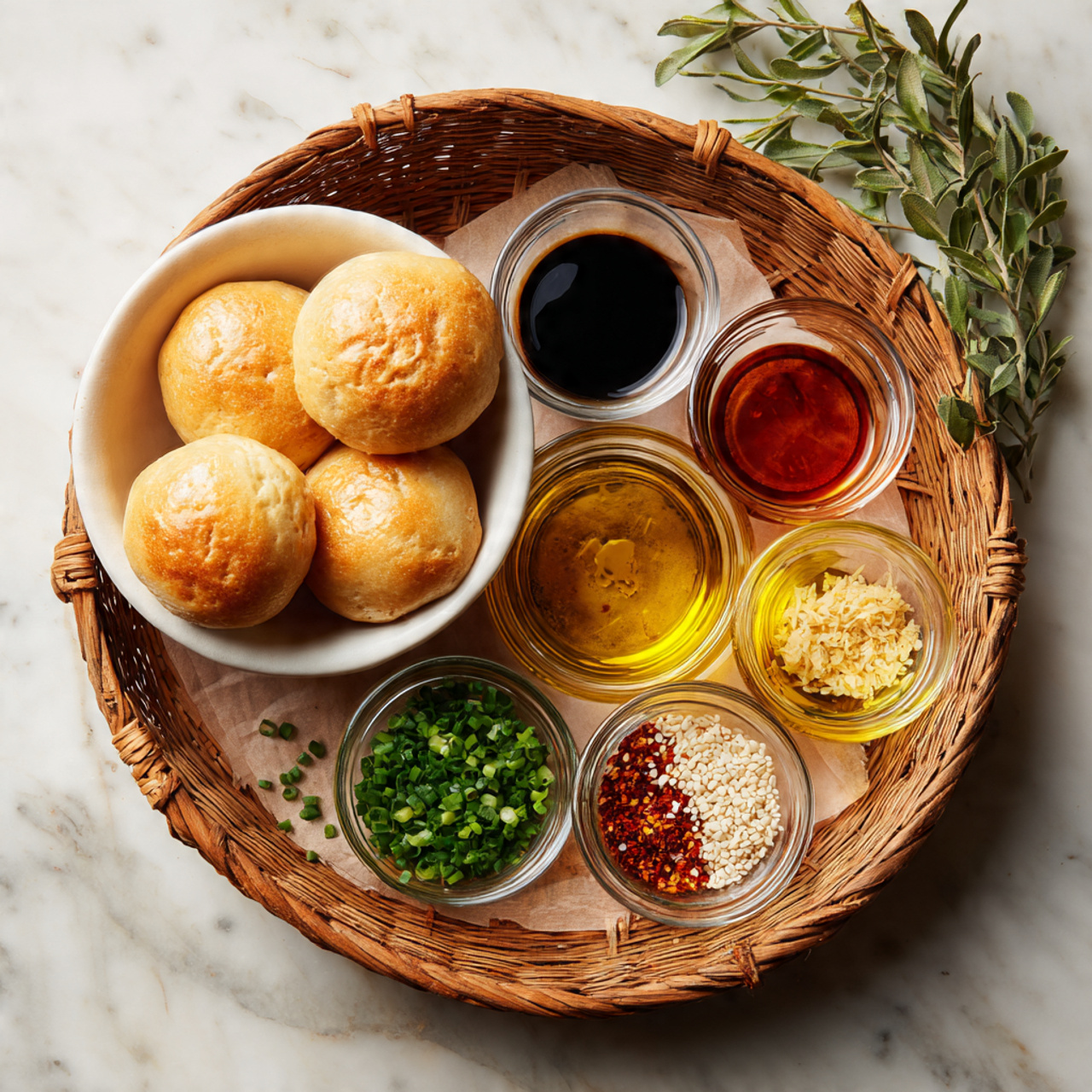 A round woven basket holds a white bowl filled with small, light brown round bread rolls on the left side. Surrounding the bowl to the right and below are seven small clear glass bowls containing different ingredients: one with dark soy sauce, one with amber-colored liquid, one with light yellow oil, one with finely chopped green onions, one with pale yellow grated ginger, one with white sesame seeds, and one with red chili flakes. The basket rests on a white marbled surface, and there are some green leaves hanging above the basket. Photo taken with an iphone --ar 4:5 --v 7