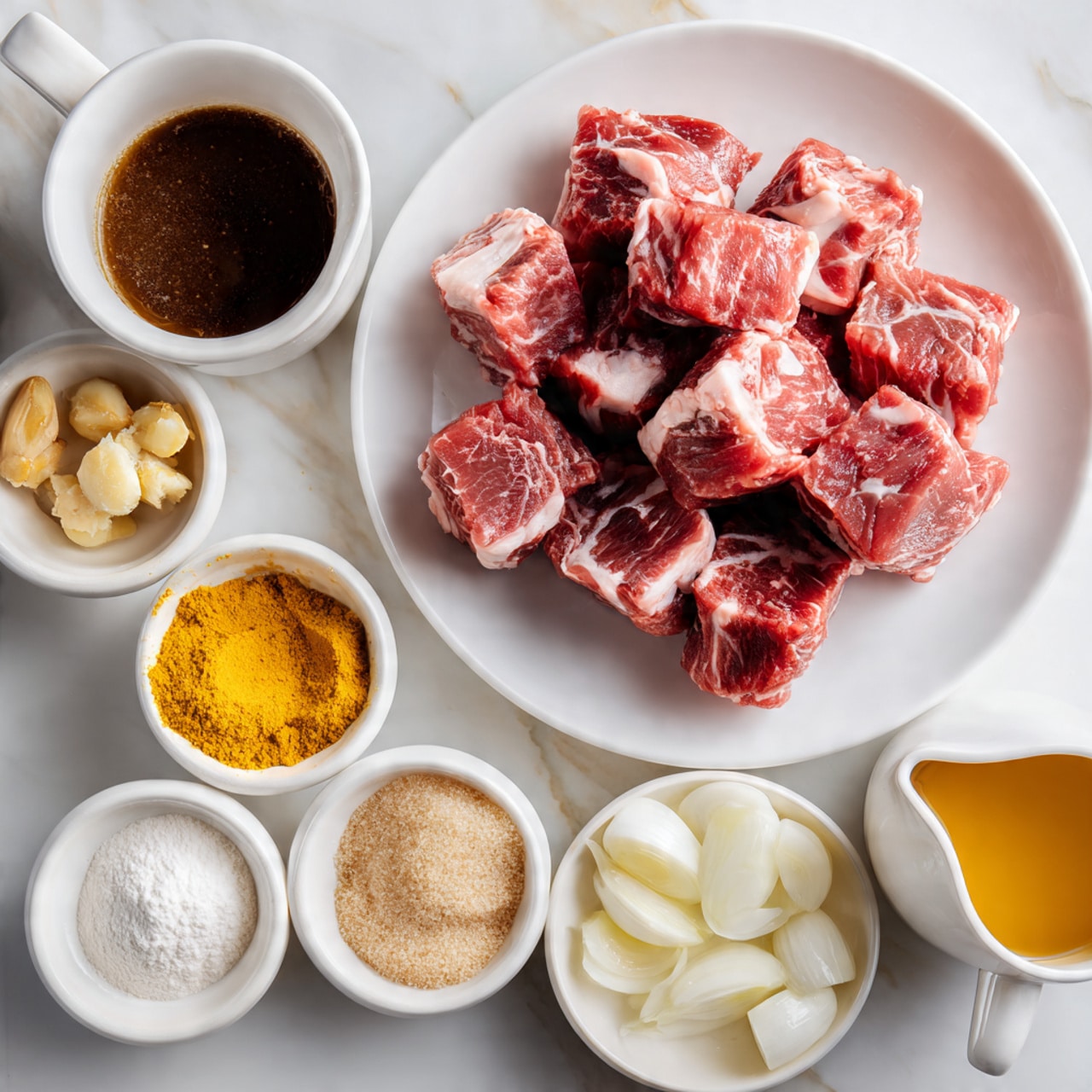 The image shows several bowls and a large white plate with raw red meat cubes that have white fat marbling, stacked unevenly on the right side. Surrounding the plate, there are small white bowls containing yellow turmeric powder, pale yellow fresh chopped ginger, white garlic cloves, caramel-colored brown sugar, white onion wedges, and light brown soy sauce in a small white jug. There is also a white cup with dark brown liquid, a small bowl with a golden liquid, and another small bowl with white powder, all placed on a white marbled surface. photo taken with an iphone --ar 4:5 --v 7