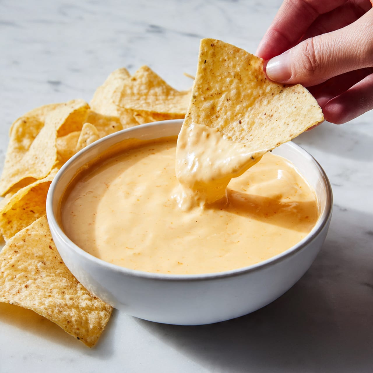 The image shows a white bowl filled with smooth, light orange cheese sauce. A woman's hand is dipping a large, pale yellow tortilla chip into the creamy sauce, which has a soft, flowing texture. Around the bowl, there are several more tortilla chips arranged on a white marbled surface. The lighting highlights the creamy shine of the cheese sauce and the crisp texture of the chips. photo taken with an iphone --ar 4:5 --v 7