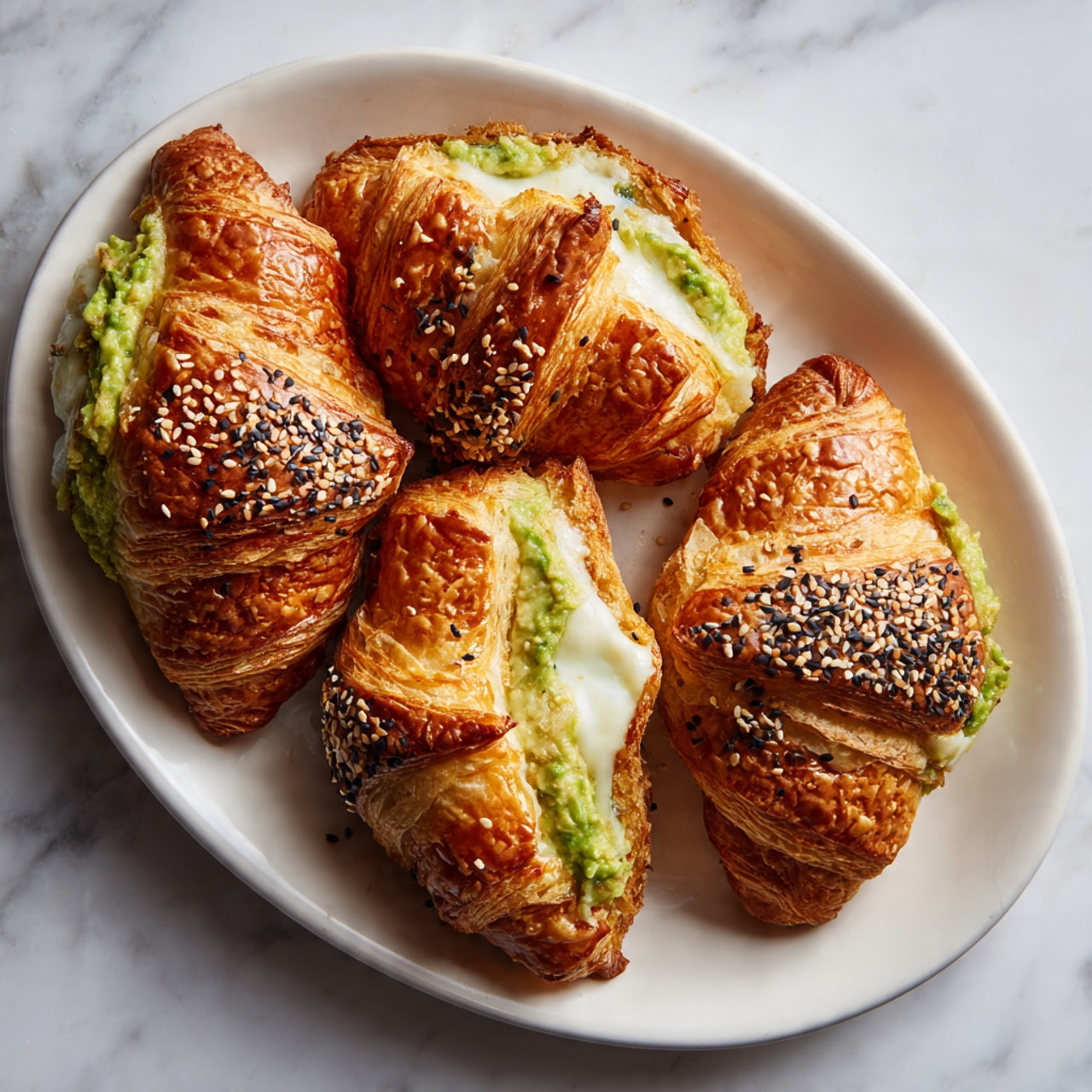 The image shows a white oval plate on a white marbled surface holding four golden brown croissants. Each croissant is flaky with visible layers and a slightly crispy texture, sprinkled with black and white sesame seeds on top. Two croissants in the middle are opened slightly, revealing a filling made of creamy green avocado mash and melted white cheese that looks soft and stringy. The croissants are arranged closely, and to the side, there is a glimpse of a woman's hand holding one of them. Photo taken with an iphone --ar 4:5 --v 7