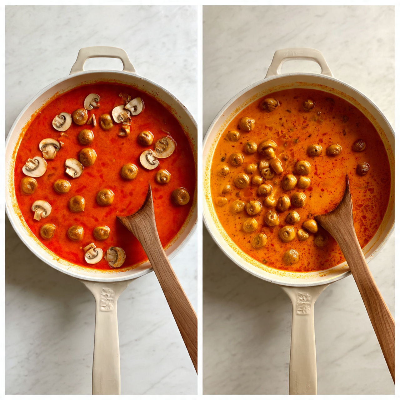 The image shows a white pan filled with bright orange-red sauce with small pale mushroom slices placed on top in the first frame, and in the second frame, the mushrooms are fully cooked and coated in the sauce, turning a deeper orange color. There is a wooden spoon resting inside the pan. The background is a white marbled surface. photo taken with an iphone --ar 4:5 --v 7