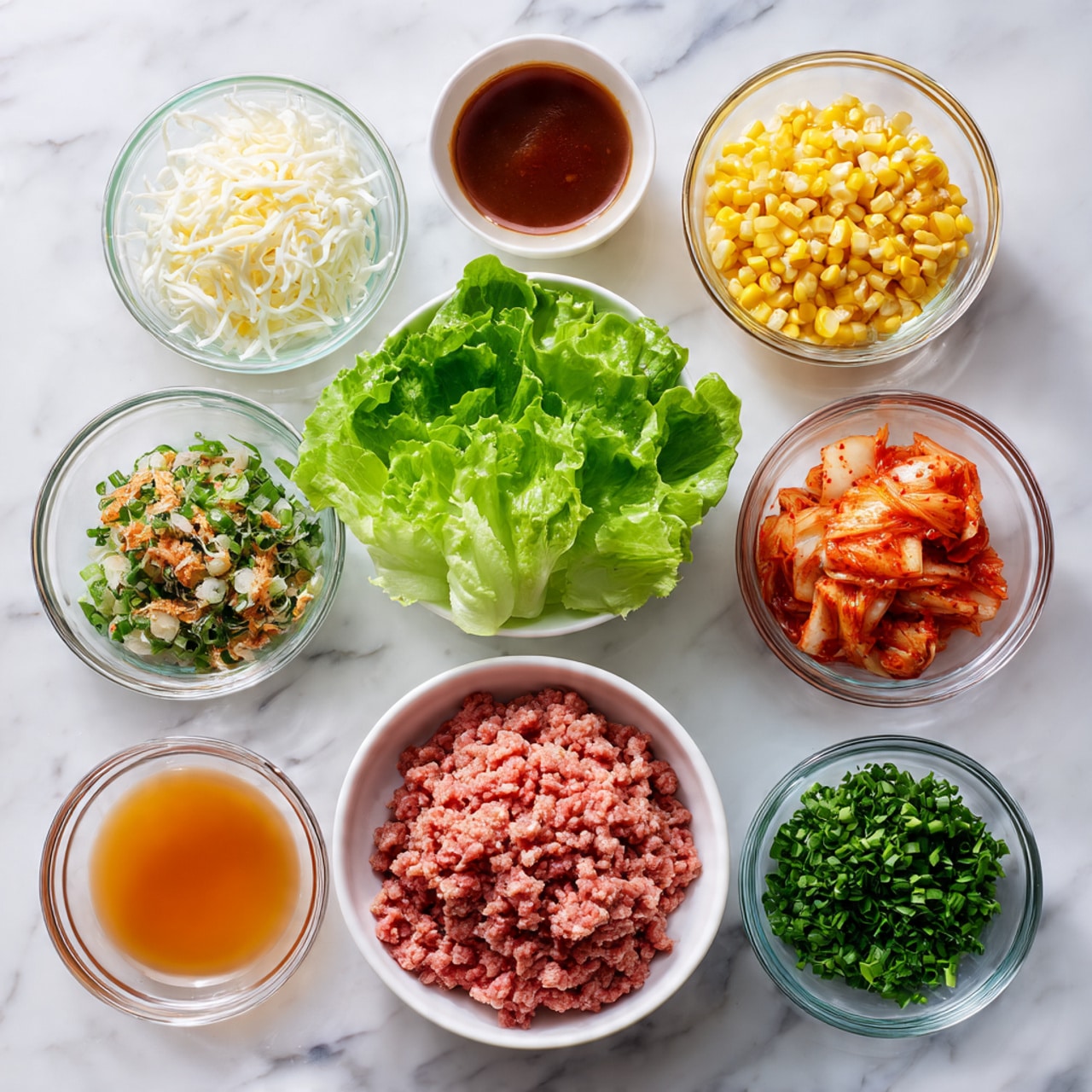 The image shows a white bowl filled with pink ground meat at the center bottom. Above it, there is a layer of bright green lettuce leaves neatly stacked in a white bowl. Surrounding the lettuce and meat, there are small clear glass bowls arranged in rows. These contain various ingredients: shredded white cheese, golden yellow corn, finely chopped green herbs, reddish-orange cooked pieces (likely kimchi), a bowl of orange sauce, a bowl of thick dark brown sauce, another bowl with red sauce, and one with a light brown liquid. The bowls are arranged on a white marbled surface. photo taken with an iphone --ar 4:5 --v 7