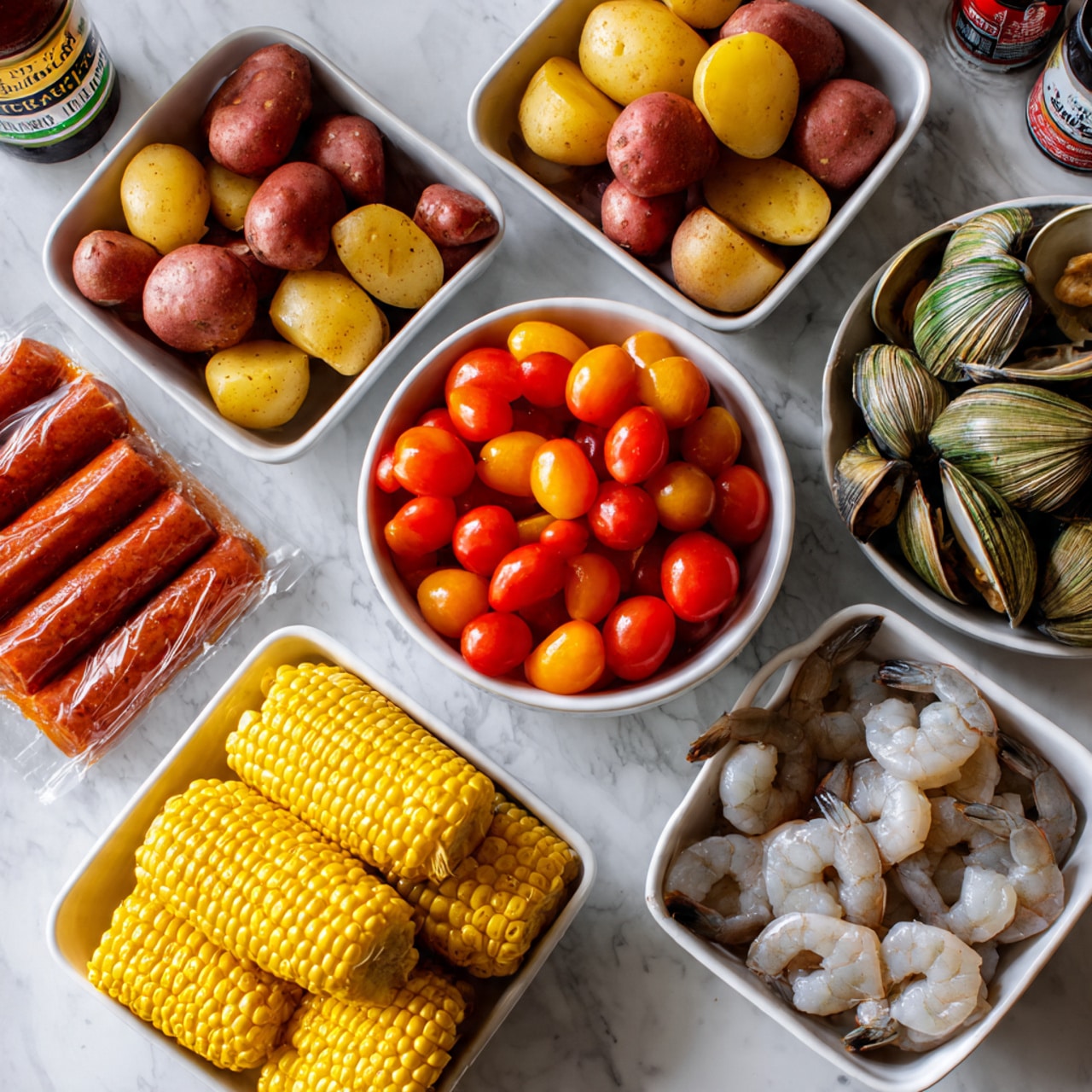 The image shows six white bowls and a package of Cajun style smoked sausage arranged on a white marbled surface. The top left white bowl contains quartered red and yellow potatoes, showing smooth, dense textures. In the center is a white bowl filled with halved bright red and orange cherry tomatoes, glossy and juicy. To the right is a white bowl holding several large clam shells with greenish-brown stripes and ridges. Below that is a white bowl with uncooked shrimp that are pale gray with translucent shells. The bottom left white bowl is filled with stacked corn on the cob pieces that are bright yellow with a smooth yet bumpy texture. The package of reddish-orange smoked sausages lies above, their shiny casings visible. A bottle of beer is partially seen at the top left and a seasoning container is at the top right. Photo taken with an iphone --ar 4:5 --v 7