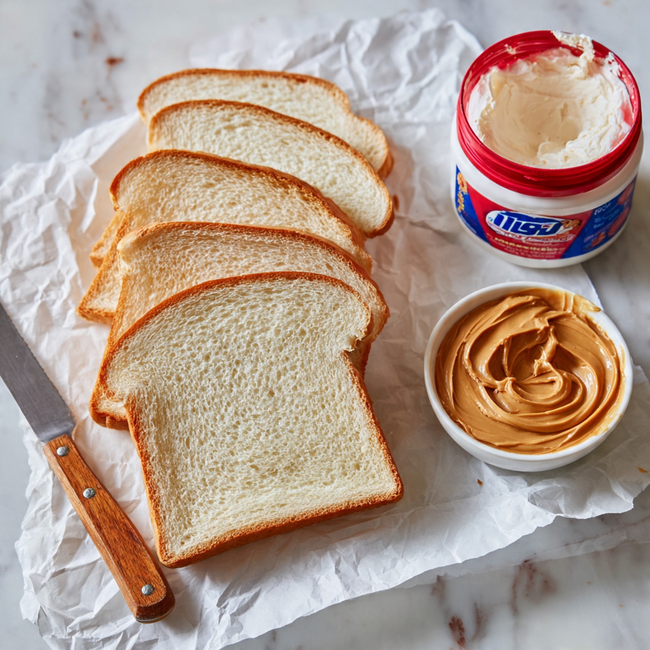 Five slices of soft white bread are stacked slightly fanned out on white crumpled paper over a white marbled surface. To the right, there is a jar of white marshmallow fluff with a red lid and blue and white label. Below the jar, a small white bowl holds smooth, light brown peanut butter with visible swirls on top. On the left side, a knife with a wooden handle and black blade rests on the paper. photo taken with an iphone --ar 4:5 --v 7