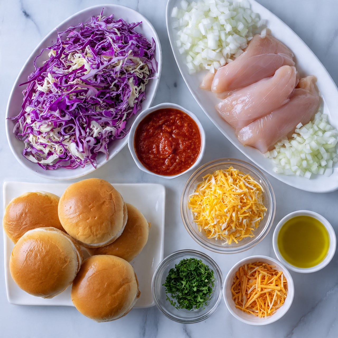 The image shows raw chicken fillets placed on an oval white plate at the top right side. Below and to the left, there is a large white bowl filled with shredded purple and white cabbage. Next to it on the right, a small clear bowl holds finely diced white onions. Above the cabbage bowl, a medium white bowl with bright red tomato sauce is visible. Around these main bowls, there are small white bowls containing mayonnaise, chopped green herbs, yellow oil, and shredded orange carrots. Four round golden brown burger buns are placed around the ingredients on a white marbled surface, with some shredded carrot pieces scattered near the bottom right bun. Photo taken with an iphone --ar 4:5 --v 7