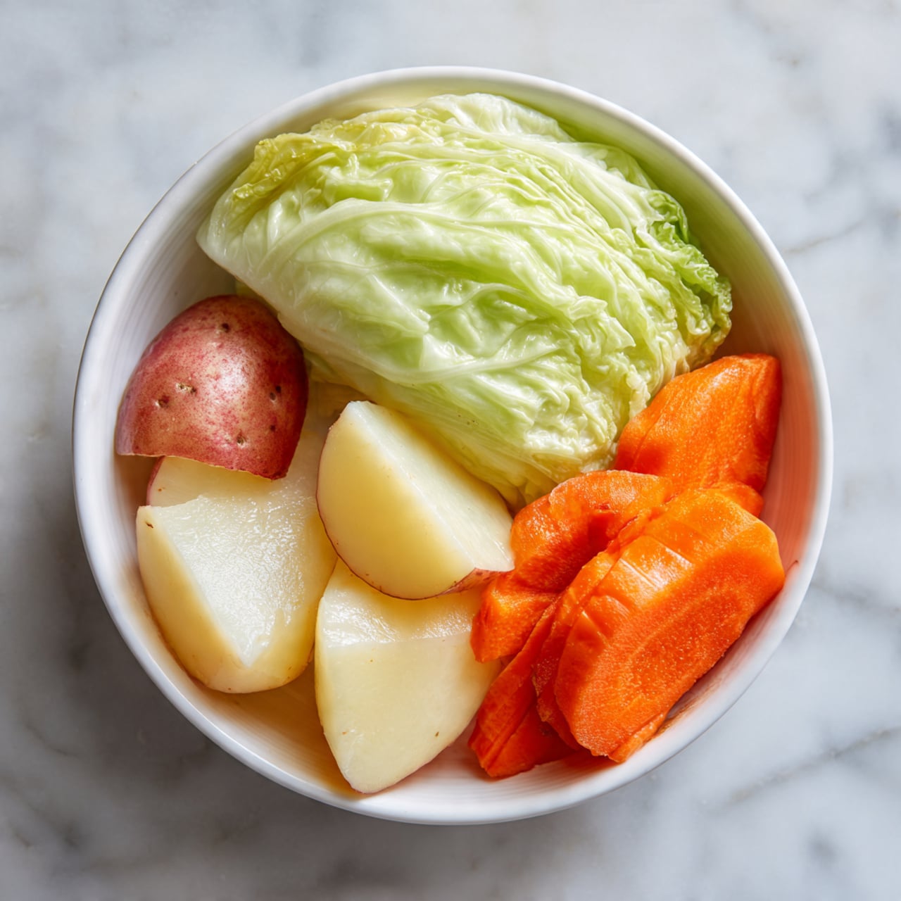 A white bowl holds a simple dish with three main parts arranged in sections. At the back, there is a large, pale green cabbage leaf, soft and slightly wrinkled. To the left in the bowl, there are several pieces of red-skinned potato, cut into quarters, showing off their creamy white inside. On the right side, thick slices of bright orange carrots create a round, smooth texture. The bowl rests on a white marbled surface. Photo taken with an iphone --ar 4:5 --v 7