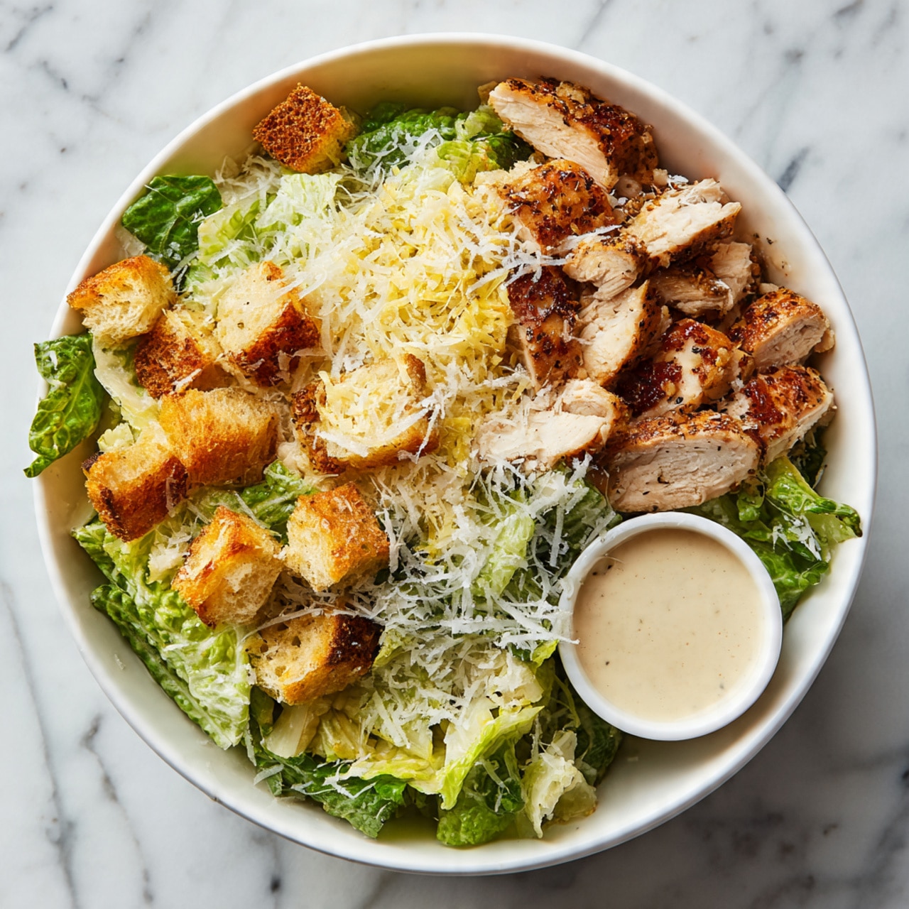 A white bowl filled with a fresh Caesar salad, showing three main sections: on the left, crisp green romaine lettuce topped with grated pale yellow cheese and golden brown croutons; on the right, grilled chicken pieces with a light brown, slightly charred texture arranged over shredded pale cheese; and at the bottom, a small white ramekin filled with creamy light beige dressing. The bowl sits on a white marbled surface. Photo taken with an iphone --ar 4:5 --v 7
