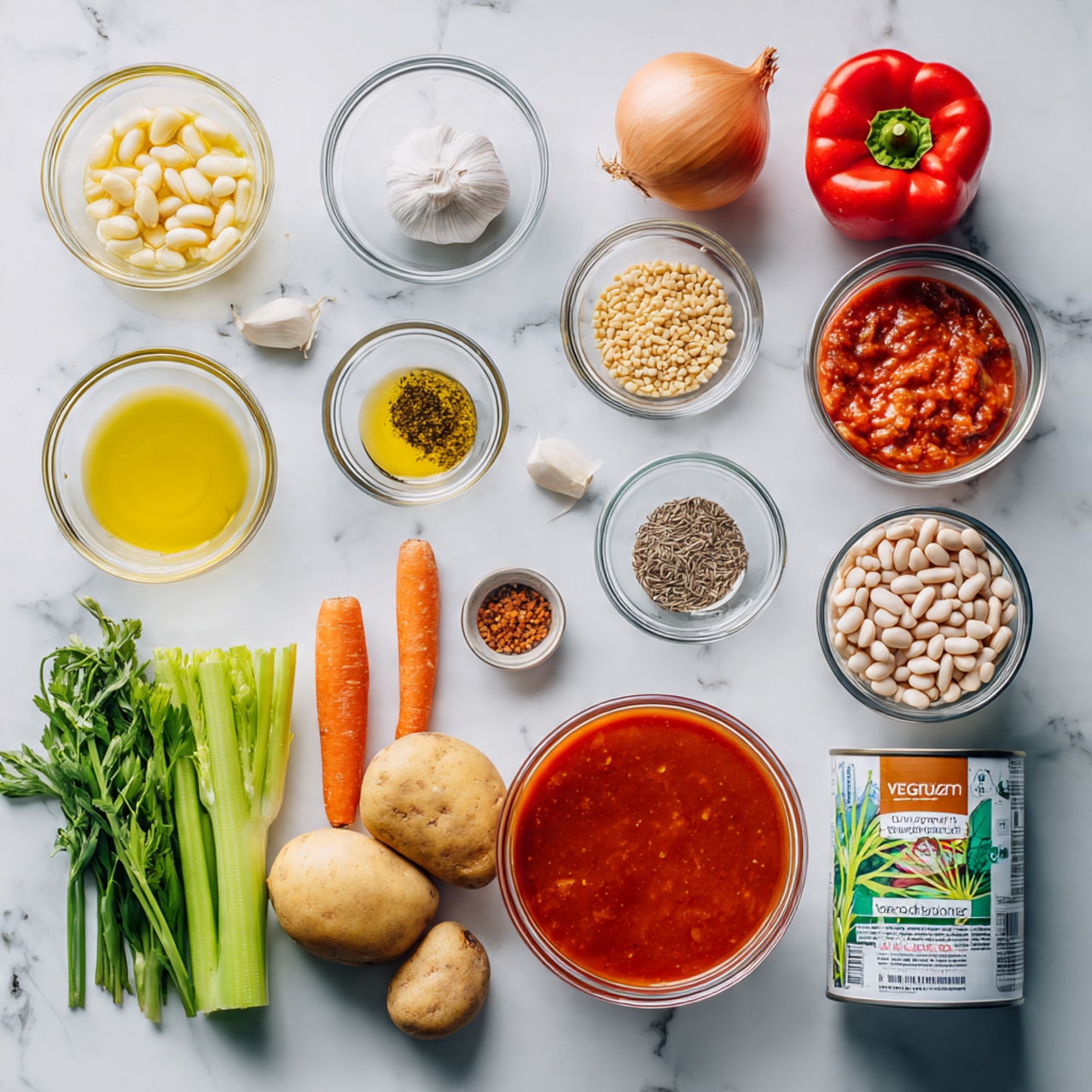 The image shows many cooking ingredients neatly placed on a white marbled surface. There are three clear glass bowls at the top left corner holding a yellowish liquid, garlic cloves, and a white grated substance. Next to them is a whole onion and a red bell pepper on the right side. Below the bowls, there are several clear bowls holding different spices and a yellow oil. Fresh green herbs and celery stalks are in the middle along with two carrots and a brown potato. On the right side, there are two cans with white beans, a large clear bowl filled with red tomato sauce, and a carton of vegetable broth with a green and brown label. Everything is arranged in a tidy and colorful way, showing a mix of vegetables, liquids, and seasonings. photo taken with an iphone --ar 4:5 --v 7