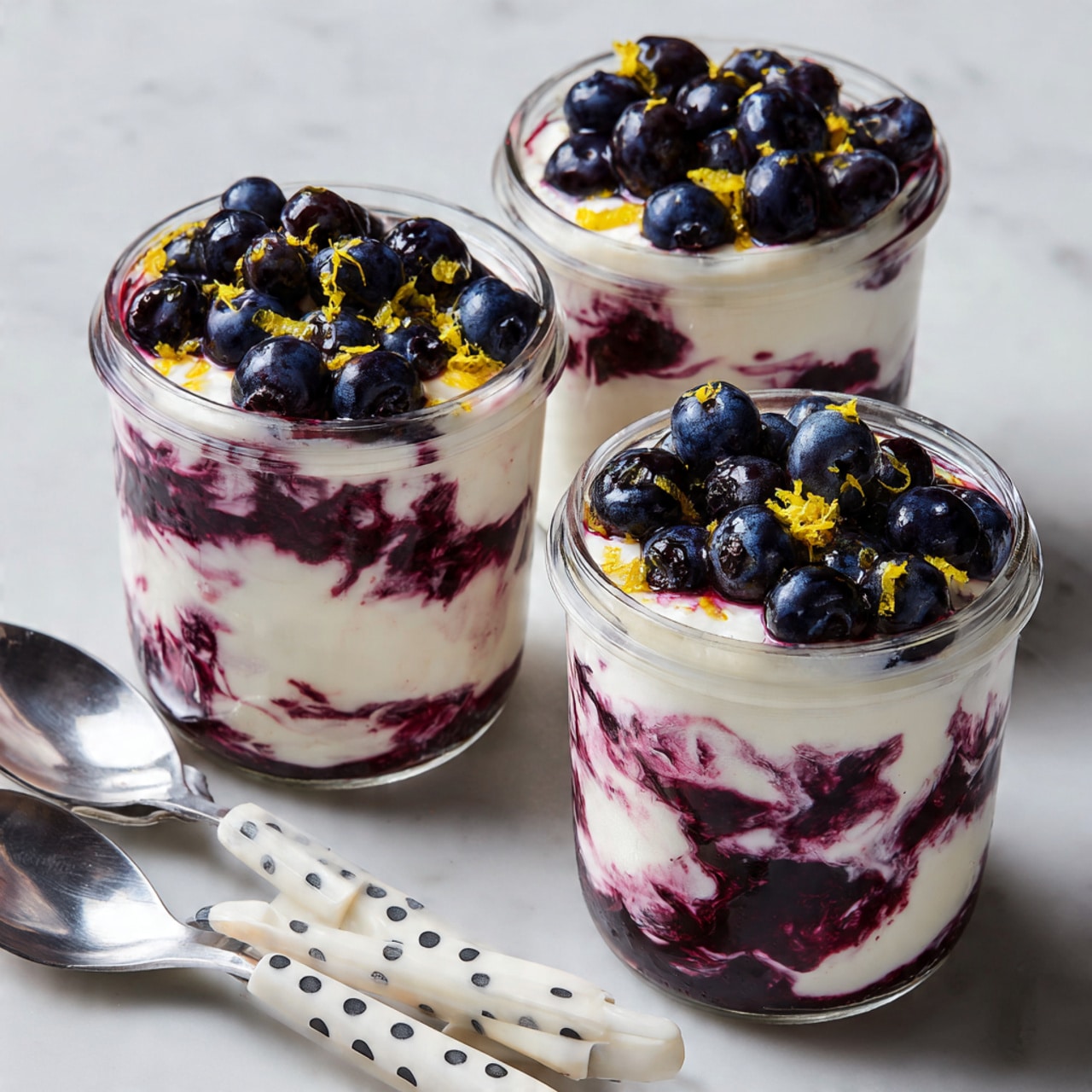 Three clear glass jars are shown, each filled with layers of creamy white yogurt mixed with swirls of deep purple blueberry sauce. The jars have a thick bottom layer of yogurt, interrupted by uneven streaks of blueberry sauce inside, creating a marbled effect. On the top layer, fresh whole blueberries are placed closely together, with small bits of yellow lemon zest sprinkled over them. The jars sit on a white marbled surface beside three spoons with white handles dotted with grey spots. The photo taken with an iphone --ar 4:5 --v 7
