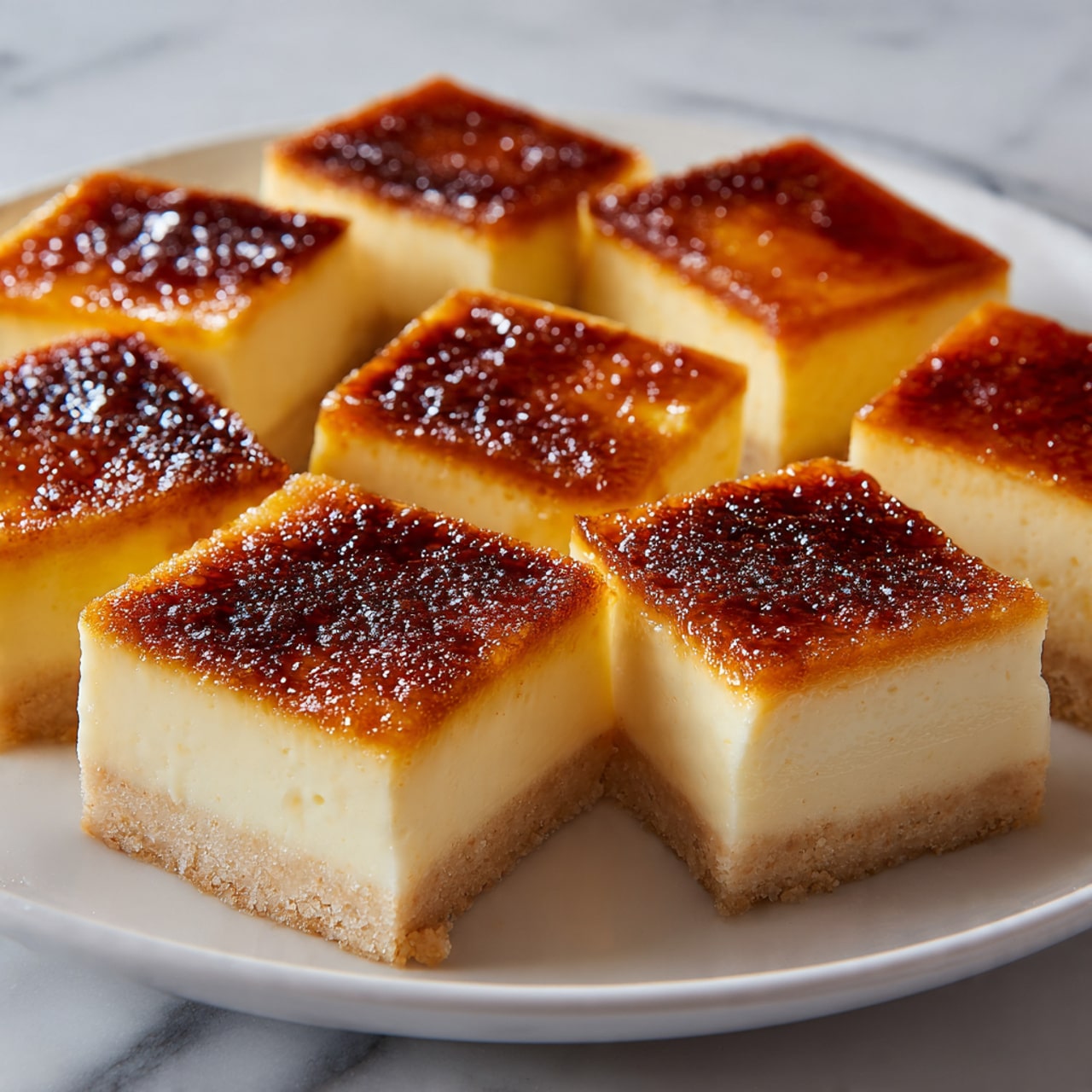 The image shows several small square pieces of a dessert arranged in a circle on a white plate. Each piece has two layers: a thick, smooth, creamy pale yellow base with a thin, golden brown, slightly textured top layer that looks cooked or caramelized. The edges of the base layer are well-defined, and the top layer has a shiny, slightly crisp surface. The close-up view highlights one piece that is slightly pulled away, showing the contrast between the soft base and the firmer top. The plate is on a white marbled surface. photo taken with an iphone --ar 4:5 --v 7