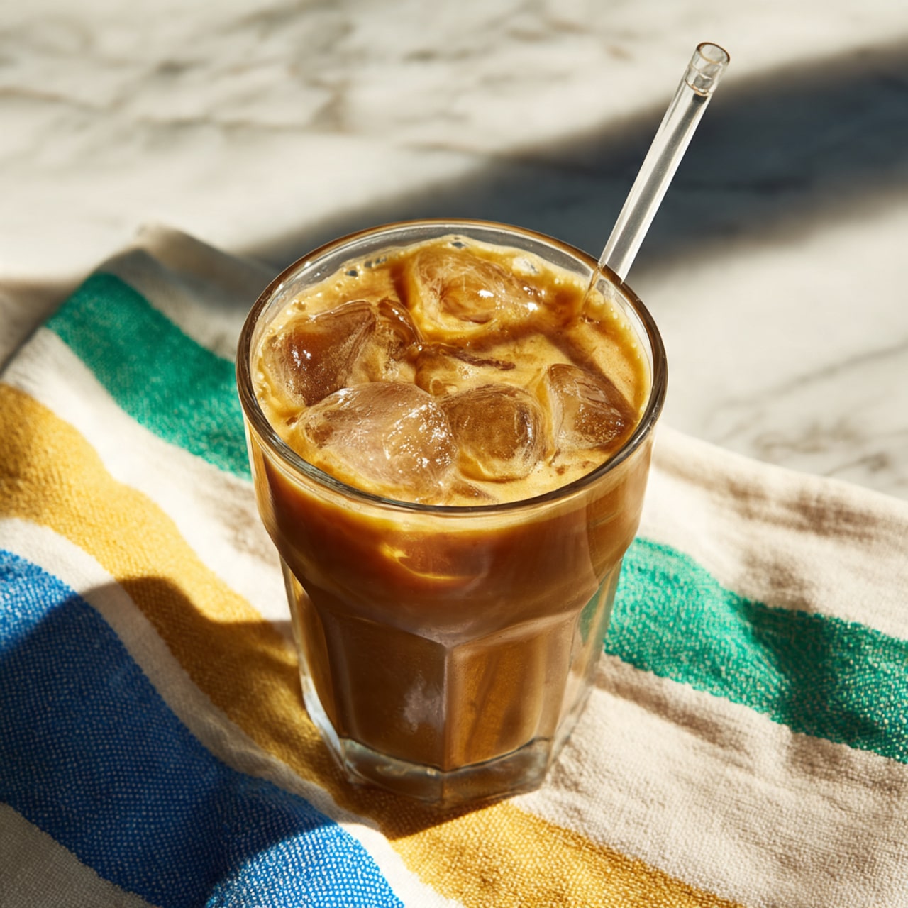 A clear glass is filled with a cold brown drink mixed with ice cubes. The drink shows a smooth, creamy texture with light reflections on the ice surfaces. A white straw is placed inside the glass, leaning slightly to the side. The glass is on a white marbled surface, with a cloth featuring stripes in green, yellow, blue, and white colors beside it. The light is soft and natural, highlighting the drink’s cool, refreshing look. photo taken with an iphone --ar 4:5 --v 7