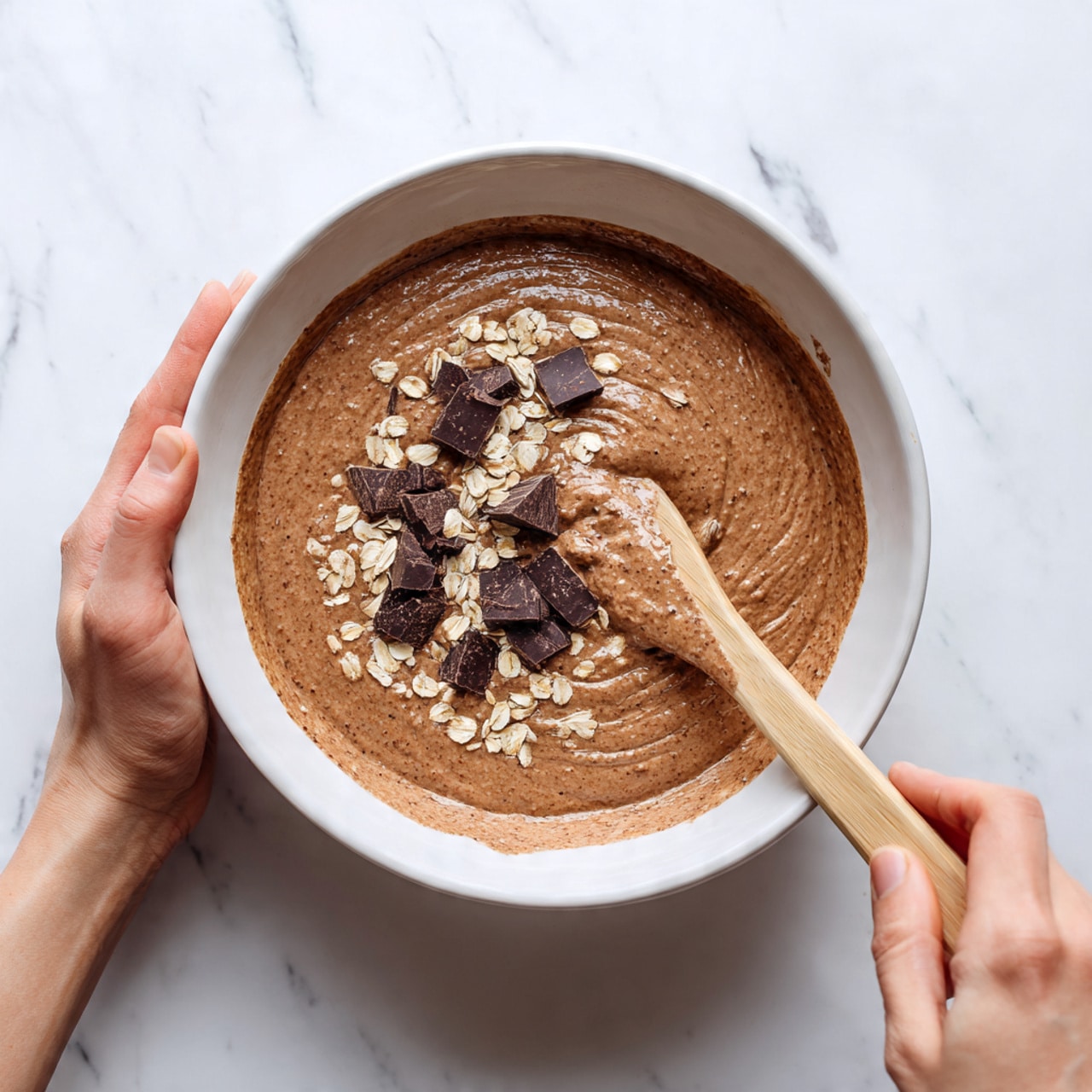 A white bowl is filled with a thick chocolate batter mixed with scattered pieces of oats and small dark chocolate chunks on top. The batter has a smooth, creamy texture with a rich brown color. A woman's hand is holding the side of the bowl, while another woman's hand is using a spatula with a light wooden handle to stir the mixture. The bowl sits on a white marbled surface, creating a clean and bright background. photo taken with an iphone --ar 4:5 --v 7