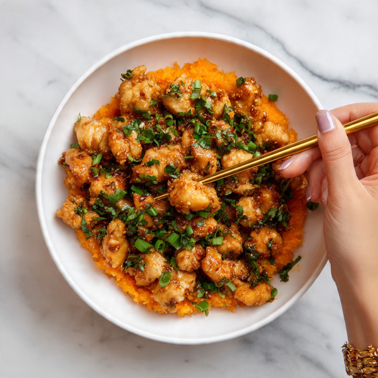 A white bowl filled with two layers of food, the bottom layer showing smooth, shiny, orange-colored rice cakes, and the top layer covered with pieces of cooked orange chicken mixed with green herbs and chopped scallions. The chicken looks tender and slightly glazed. A woman's hand holding golden chopsticks is picking up some food from the bowl, which is set on a white marbled surface. photo taken with an iphone --ar 4:5 --v 7