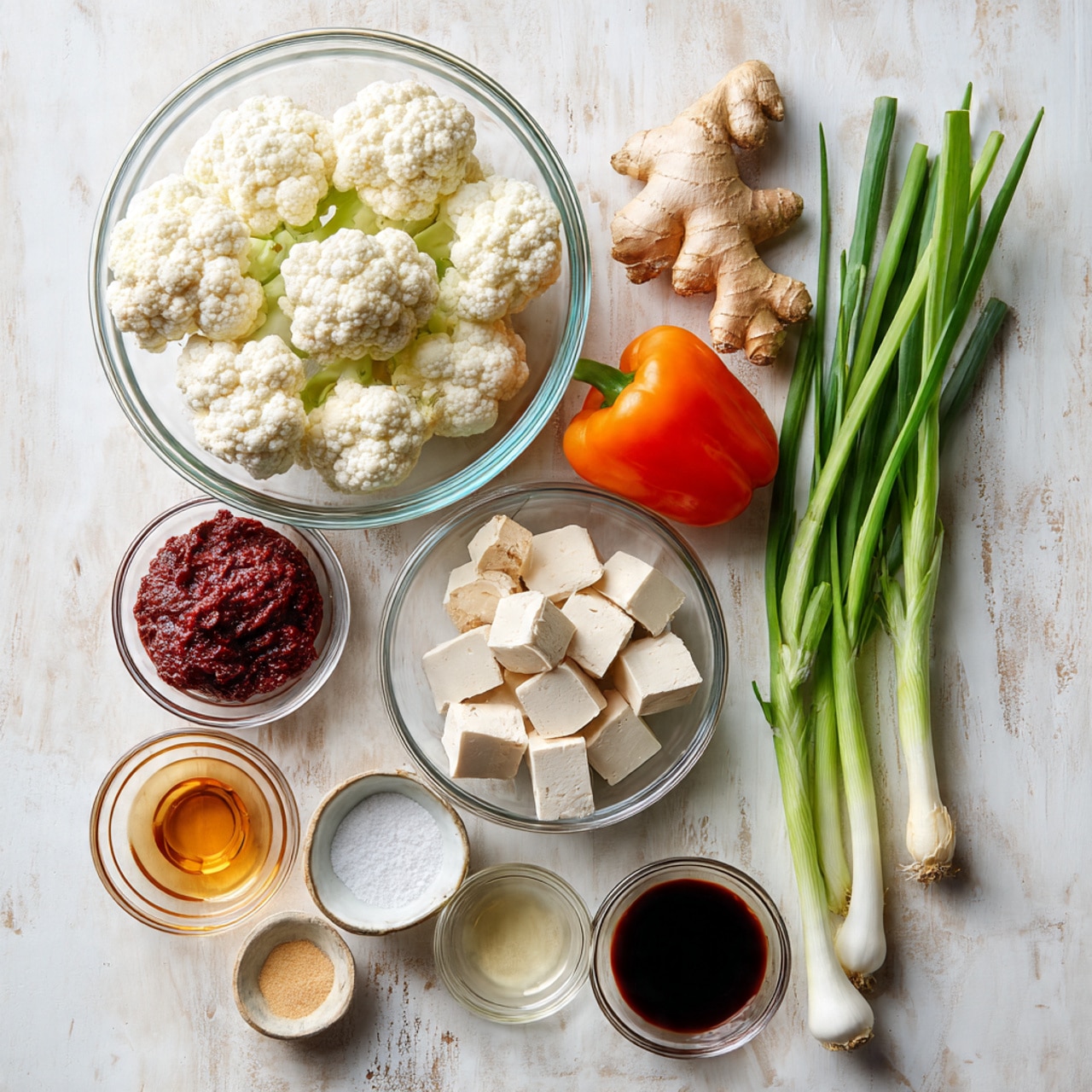 A top-down view of several glass bowls and fresh produce arranged on a white marbled surface, including a large glass bowl with white cauliflower florets in the top left, and a medium glass bowl with beige tofu cubes below it; to the right of the cauliflower is a small glass bowl with a deep red paste, and next to it lies a bright orange bell pepper. Three green onions with white bases and long green tops extend vertically near the center. Below them, a small bowl with light brown liquid, a round piece of ginger, a small bowl of white powder, a small bowl of clear oil, and another small bowl containing dark soy sauce are spread out neatly, capturing a clean and vibrant preparation setup. Photo taken with an iphone --ar 4:5 --v 7