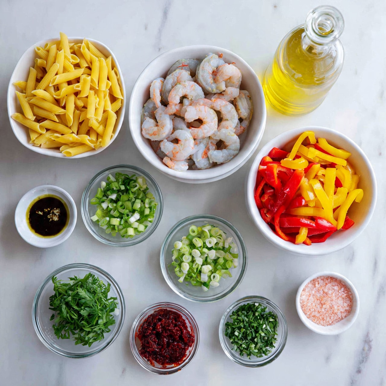 The image shows several small white bowls and glass bowls with various ingredients arranged on a white marbled surface. One white bowl contains uncooked yellow penne pasta, another white bowl has raw shrimp with tails on. There is a white bowl with sliced red and yellow bell peppers. Smaller glass bowls hold chopped green onions with minced garlic, fresh green herbs, and different dark sauces. Small white dishes have a vibrant red paste and a grainy pink salt. A tall clear glass bottle filled with light yellow oil stands to the right. The ingredients are spread out neatly and clearly visible. photo taken with an iphone --ar 4:5 --v 7