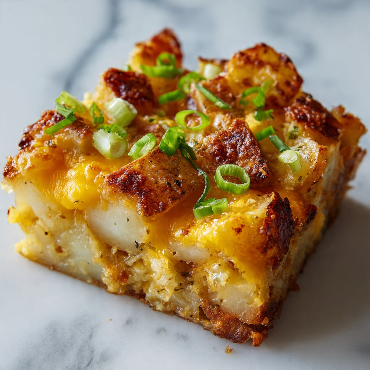 The image shows a close-up of a dish made of crispy, browned potato pieces layered with melted bright orange cheese and sprinkled with small, fresh green onion pieces on top. The potato layer has a rough, crunchy texture, while the cheese appears smooth and creamy, oozing slightly between the potato bits. The green onions add a fresh, vibrant contrast in color and texture, resting unevenly on the surface. The background consists of a white marbled texture, enhancing the focus on the food. Photo taken with an iphone --ar 4:5 --v 7