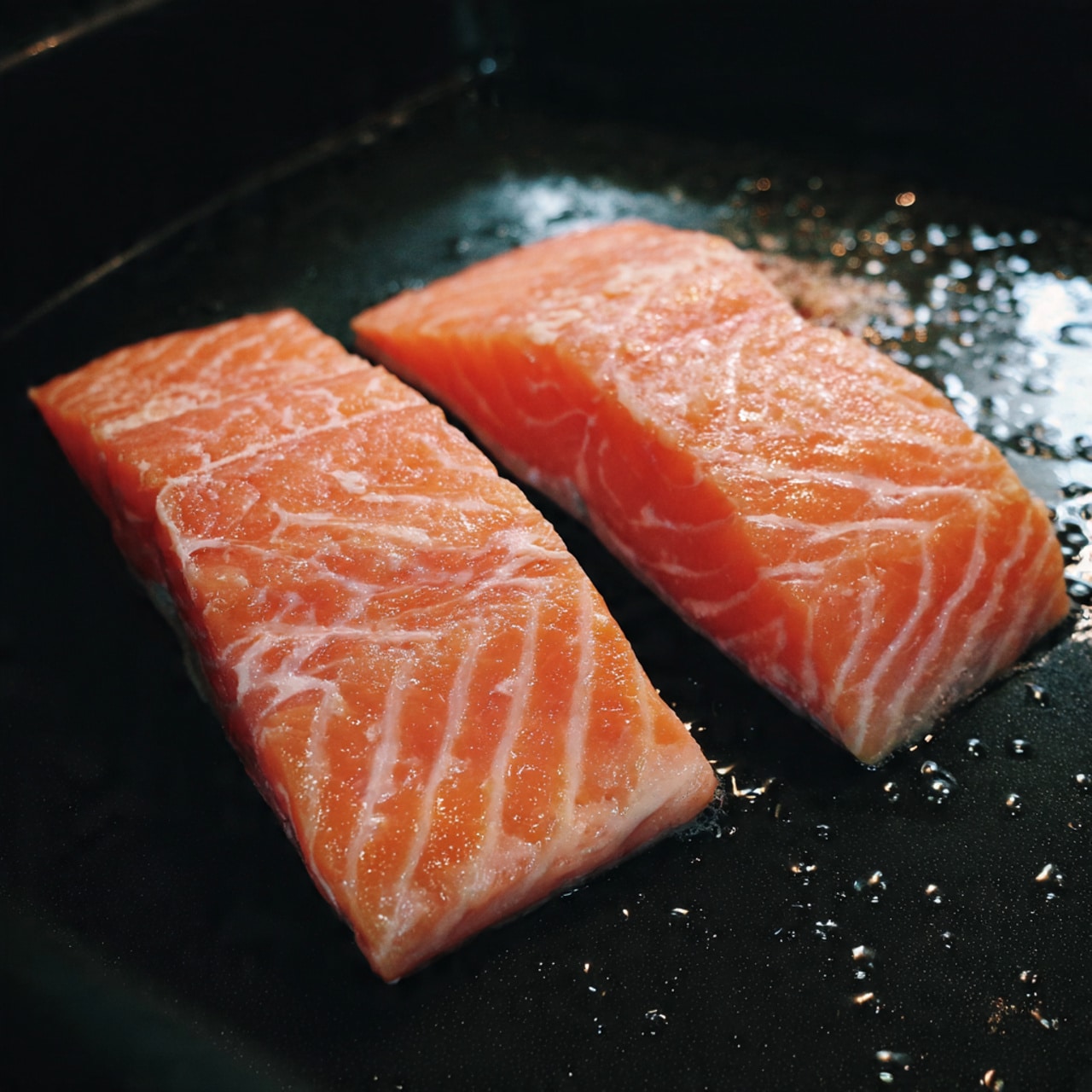 Two pieces of raw salmon fillets lie side by side on a black cooking surface. Both fillets are light pink-orange with visible white lines and a moist texture. Small droplets of water or oil surround the edges, reflecting light. The background is a dark cooking pan that contrasts with the bright salmon. Photo taken with an iphone --ar 4:5 --v 7