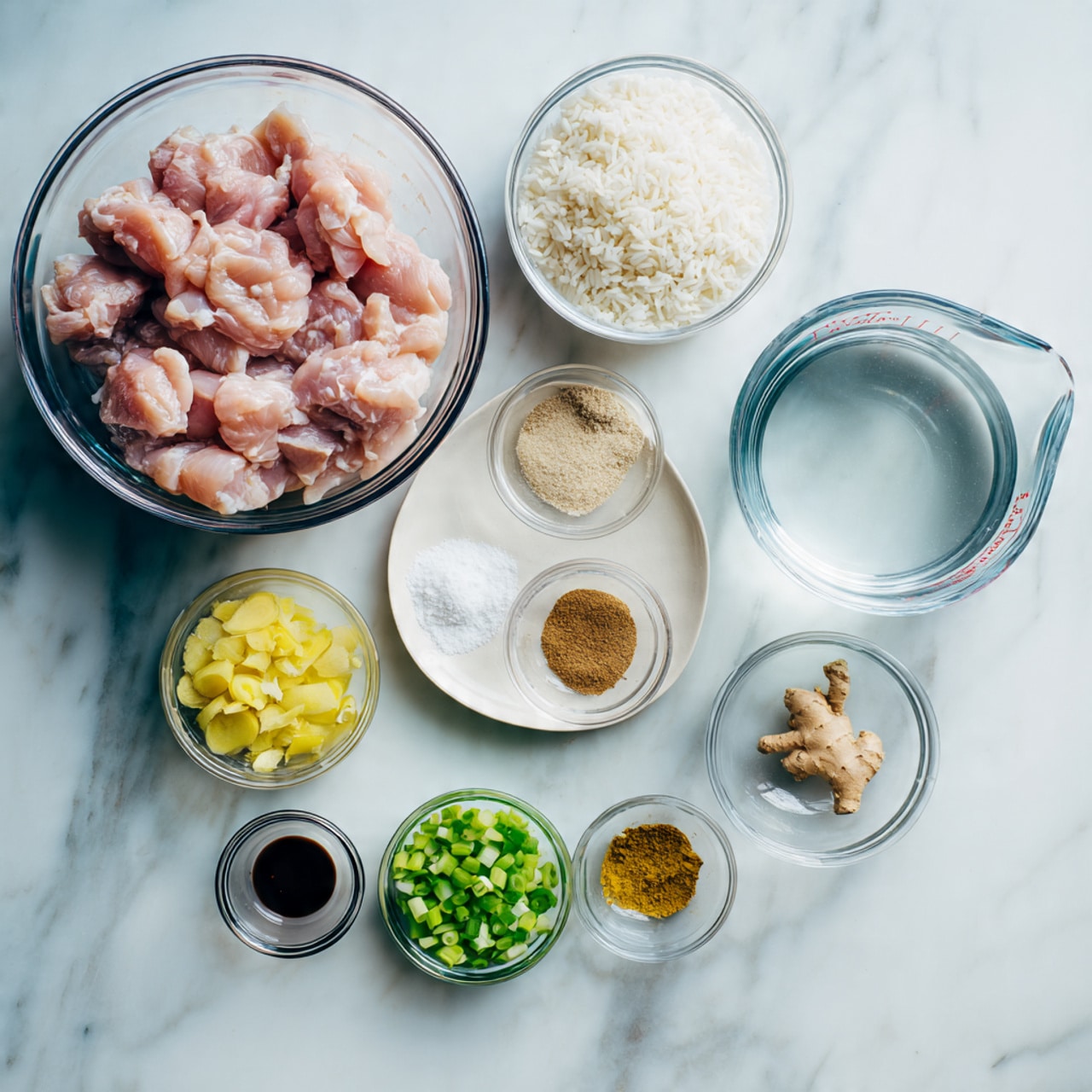 The image shows several clear glass bowls and a measuring cup arranged on a white marbled surface. There is one large bowl with raw pink chicken pieces, a medium bowl with uncooked white rice, and a small bowl with chopped green onions. A white plate holds six small bowls: one with white powder (likely cornstarch), one with light brown powder, one with dark brown liquid, one with minced yellow ginger, one with green sliced onions, and one with salt. The clear measuring cup is filled with water. All bowls are transparent with visible ingredients, arranged neatly and evenly spaced. Photo taken with an iphone --ar 4:5 --v 7
