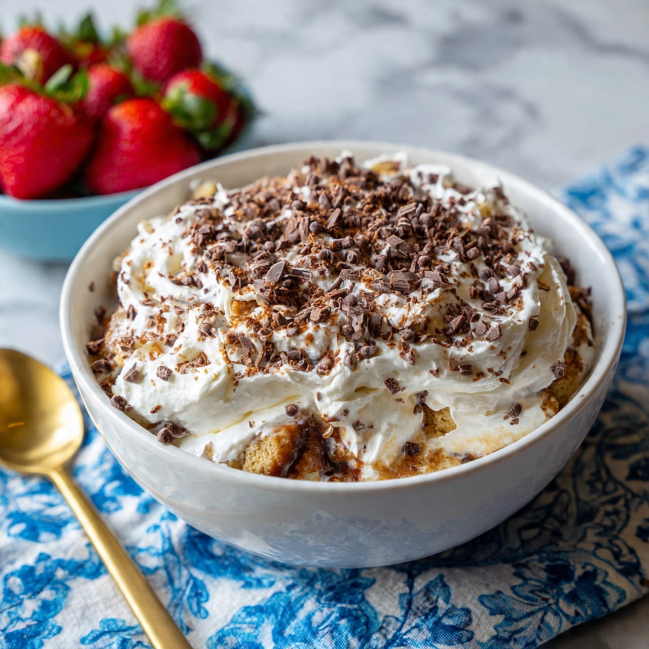 A white bowl filled with a dessert that has three main layers: at the bottom, small light brown cake pieces, on top a thick layer of white creamy sauce or whipped cream, and sprinkled all over with dark brown small chocolate or nut bits. The bowl sits on a blue and white patterned cloth with a bowl of fresh red strawberries to the left on a white marbled surface. photo taken with an iphone --ar 4:5 --v 7