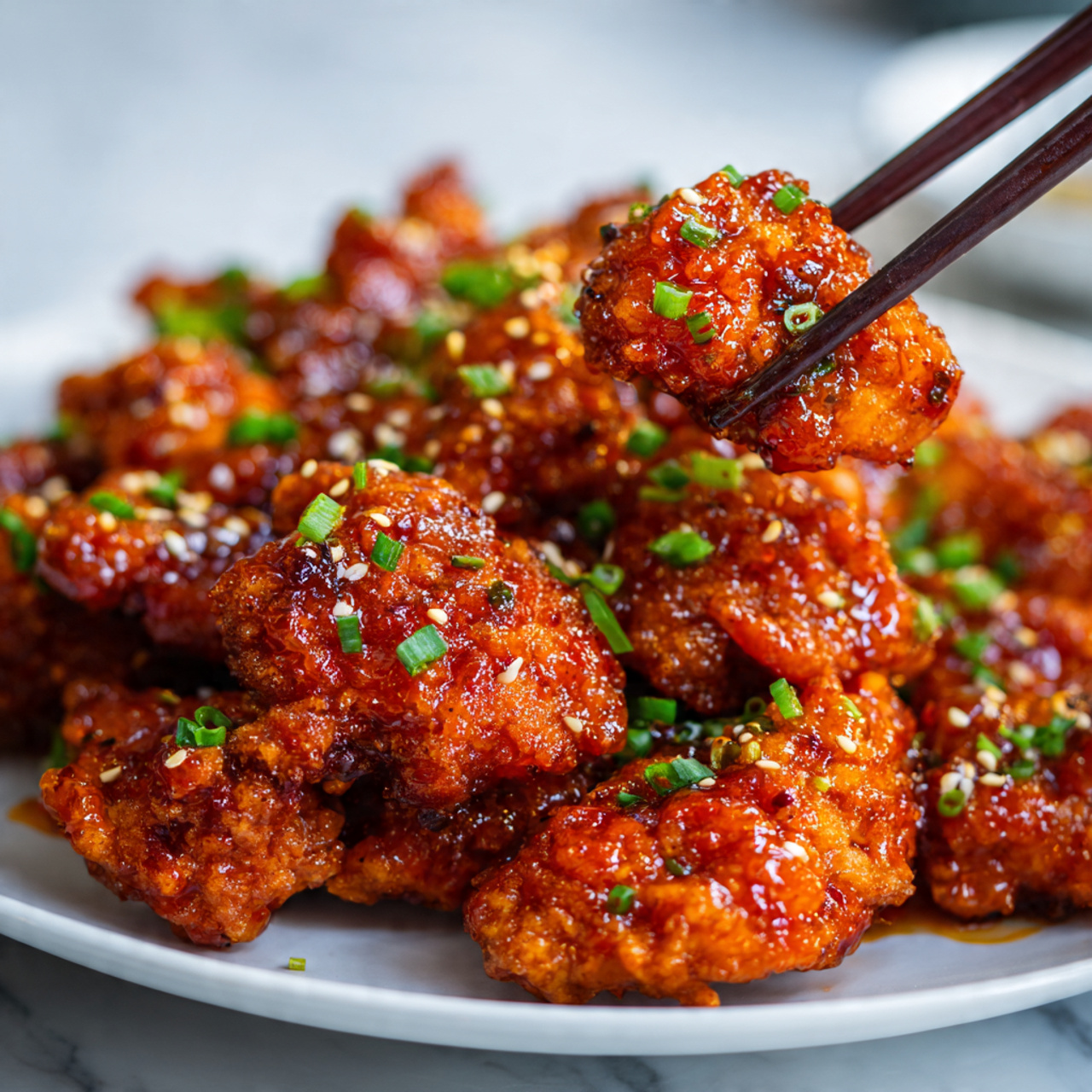 A close-up of many pieces of fried chicken coated in a bright orange-red sticky sauce, piled on a white plate with visible sesame seeds and small chopped green onions sprinkled on top for garnish. One piece is held above the pile by dark brown chopsticks, showing its shiny, crispy texture. The background is a white marbled texture. photo taken with an iphone --ar 4:5 --v 7
