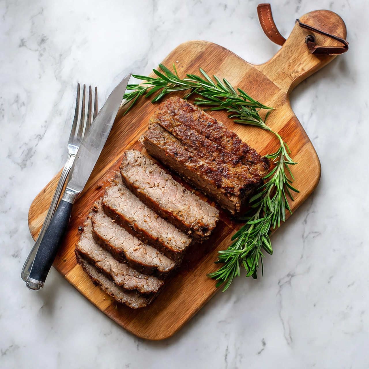 The image shows a wooden cutting board placed on a white marbled surface. On the cutting board, there are several thick slices of cooked beef, arranged in a layered stack. The beef slices have a brown, seasoned crust on the outside and a pink, juicy inside. To the left of the beef slices, there is a silver knife with a black handle and a silver fork with a black handle resting on the board. Fresh green rosemary sprigs are placed near the bottom and right side of the beef slices. The cutting board has a handle at the top with a leather loop attached to it. The photo is taken with an iphone --ar 4:5 --v 7