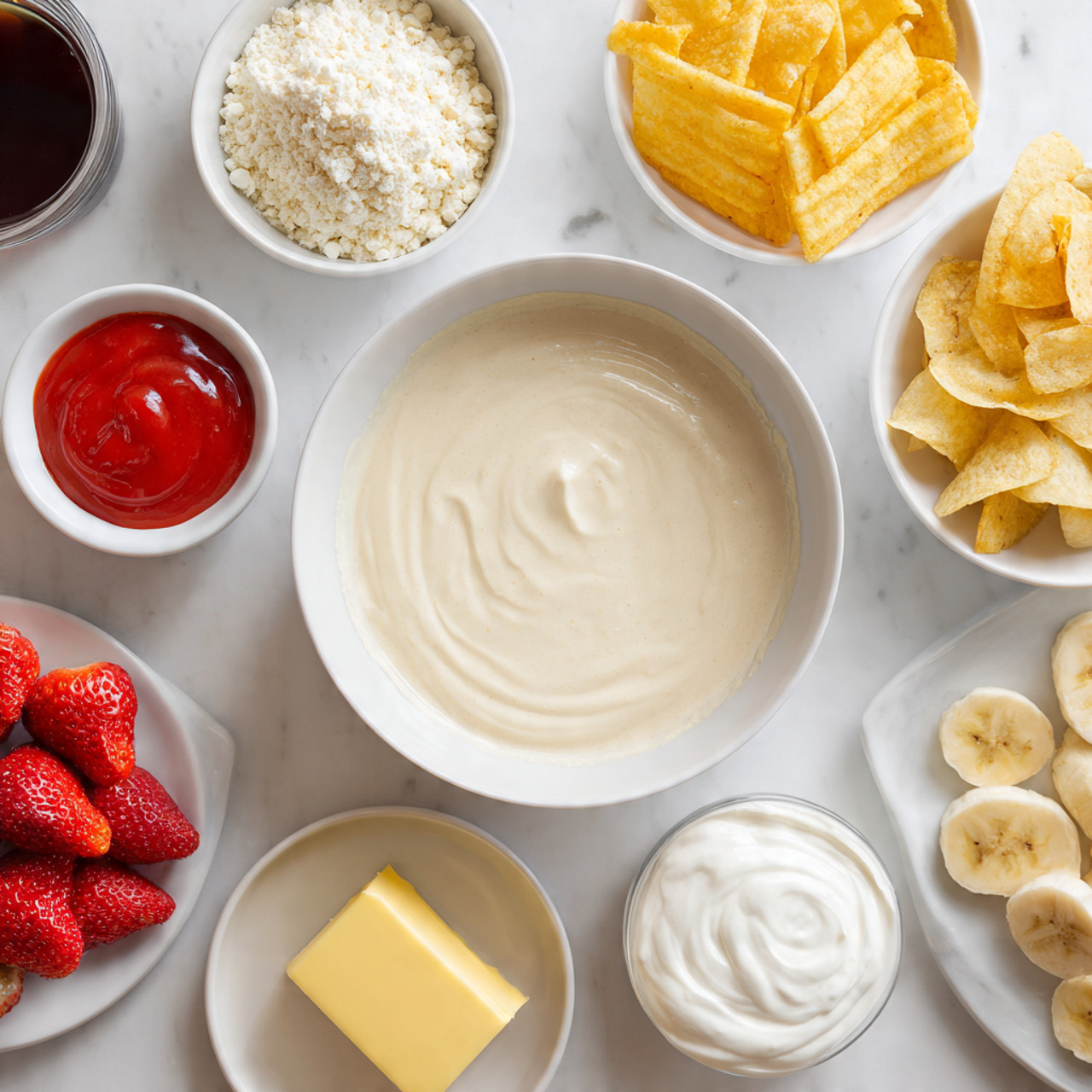 A white marble surface holds a variety of ingredients neatly arranged in white bowls and plates. In the center is a large white bowl filled with light beige creamy batter. Surrounding it are smaller white bowls containing different items: a bright red sauce, thick white cream, and a pale yellow butter block on a white plate. There are also slices of banana on a white plate, a bowl full of fresh red strawberries, golden potato chips on a white plate, and a glass cup with a dark liquid. At the top left, a box of pancake mix is visible. The arrangement is bright, clean, and colorful, with each item clearly separated. photo taken with an iphone --ar 4:5 --v 7