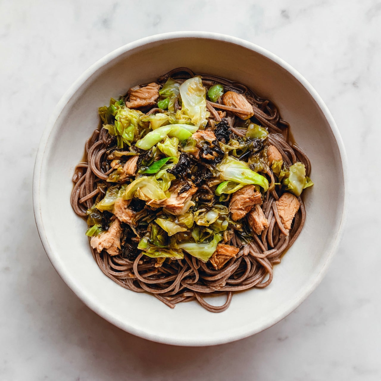 The image shows a bowl filled with a mixed dish of soba noodles and cooked vegetables. The noodles are a dark brown color and have a smooth, slightly shiny texture, twisted and layered thickly at the bottom and throughout the bowl. On top and mixed in are pieces of green cabbage, soft and slightly wilted, along with browned chunks of cooked chicken with a tender look. The bowl is white with a simple round shape, sitting on a white marbled surface that adds a clean bright background. The overall look is warm and hearty with natural, earthy colors. photo taken with an iphone --ar 4:5 --v 7