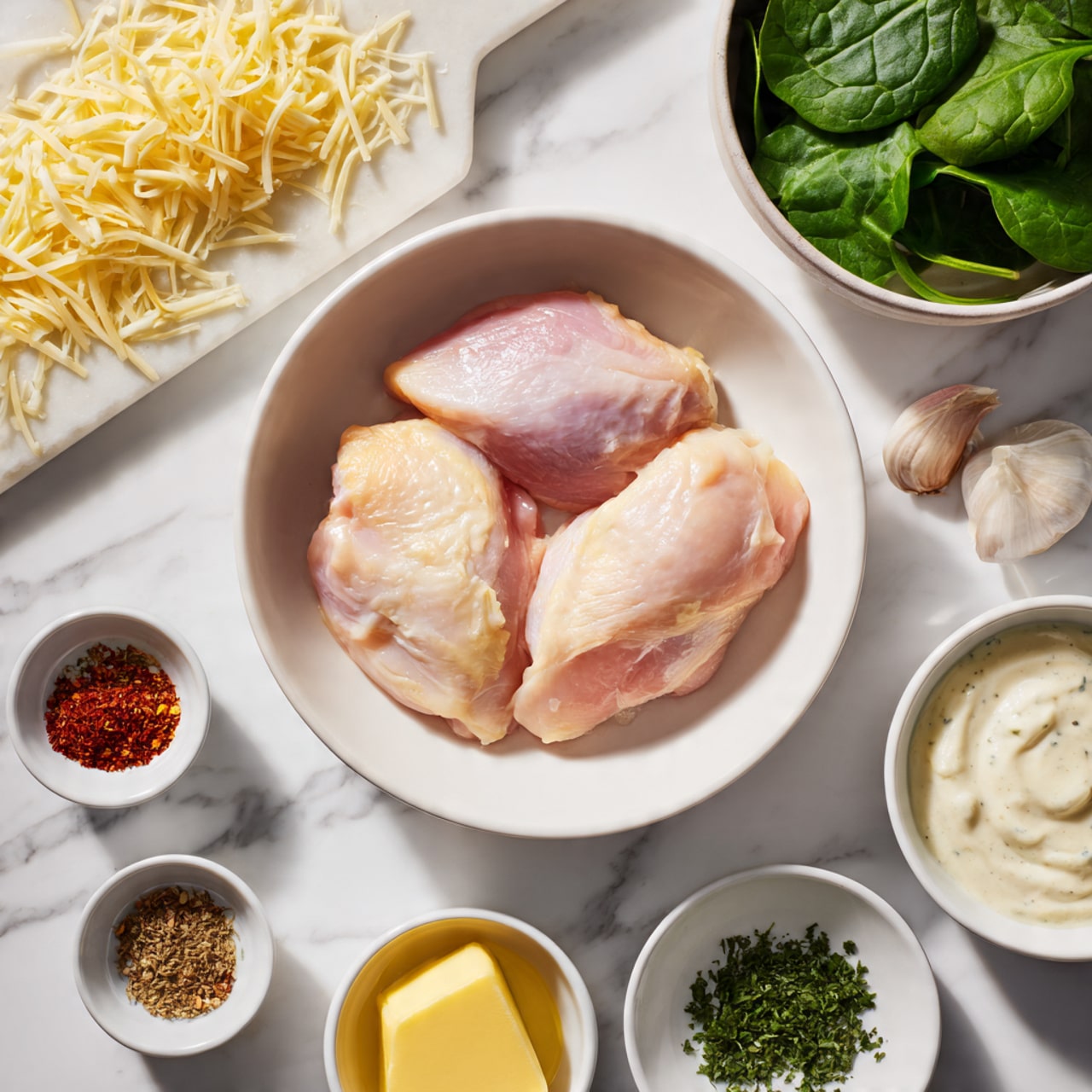 A white bowl has two pale pink raw chicken pieces placed in the center on a white marbled surface. Surrounding the bowl are small white dishes with different ingredients: to the right, a green leafy spinach bowl, a small white bowl with a creamy white sauce, and next to it chopped green herbs. Below the chicken are two small white plates, one with a split yellow butter piece and the other with a small amount of olive oil. To the left, three small white dishes holding spices including red and brown powders, and finely chopped garlic. Above the chicken bowl, a small white cutting board holds shredded cheese, all placed against a white marbled textured background. Photo taken with an iphone --ar 4:5 --v 7
