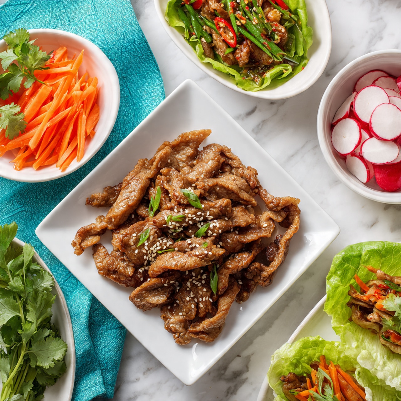 The image shows a white square plate on a white marbled surface filled with cooked thin slices of brown meat sprinkled with sesame seeds and small green herbs. Next to it, on the upper right, there is a round white bowl with small red and white radish pieces, and green onions placed nearby. On the left side, two white oval bowls contain thin orange carrot strips, with one bowl partially covered by fresh green lettuce leaves. Two small lettuce wraps are placed on the table, each filled with meat slices and carrot strips. Some cilantro leaves and a woman's hand holding a lettuce wrap are visible on the left side of the image. The background shows a bright turquoise cloth underneath some of the bowls and lettuce. photo taken with an iphone --ar 4:5 --v 7