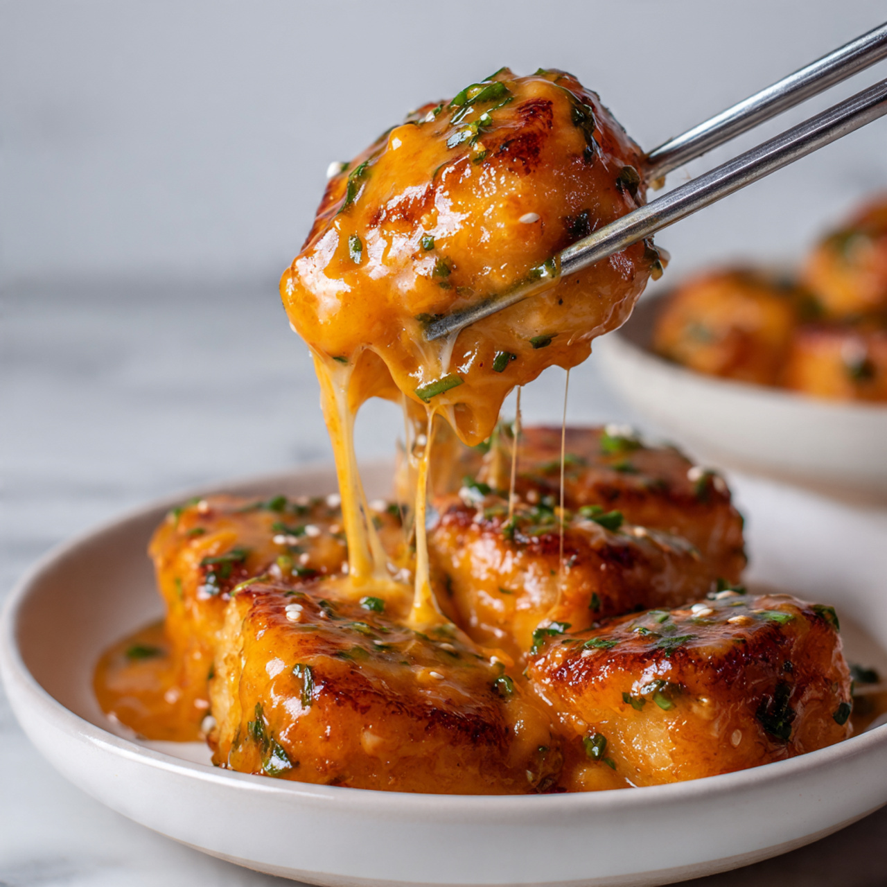 The image shows a close-up of a piece of rice cake coated in a thick, rich orange sauce being held by metal chopsticks, with melted cheese stretching from the cake. The background reveals more rice cakes covered with the same creamy sauce mixed with bits of green onion in a white bowl. The sauce appears smooth and glossy with a dense texture and small herbs scattered all over. The overall look is warm and inviting, with a focus on the creamy sauce and the slightly chewy texture of the rice cakes, set on a white marbled surface. photo taken with an iphone --ar 4:5 --v 7