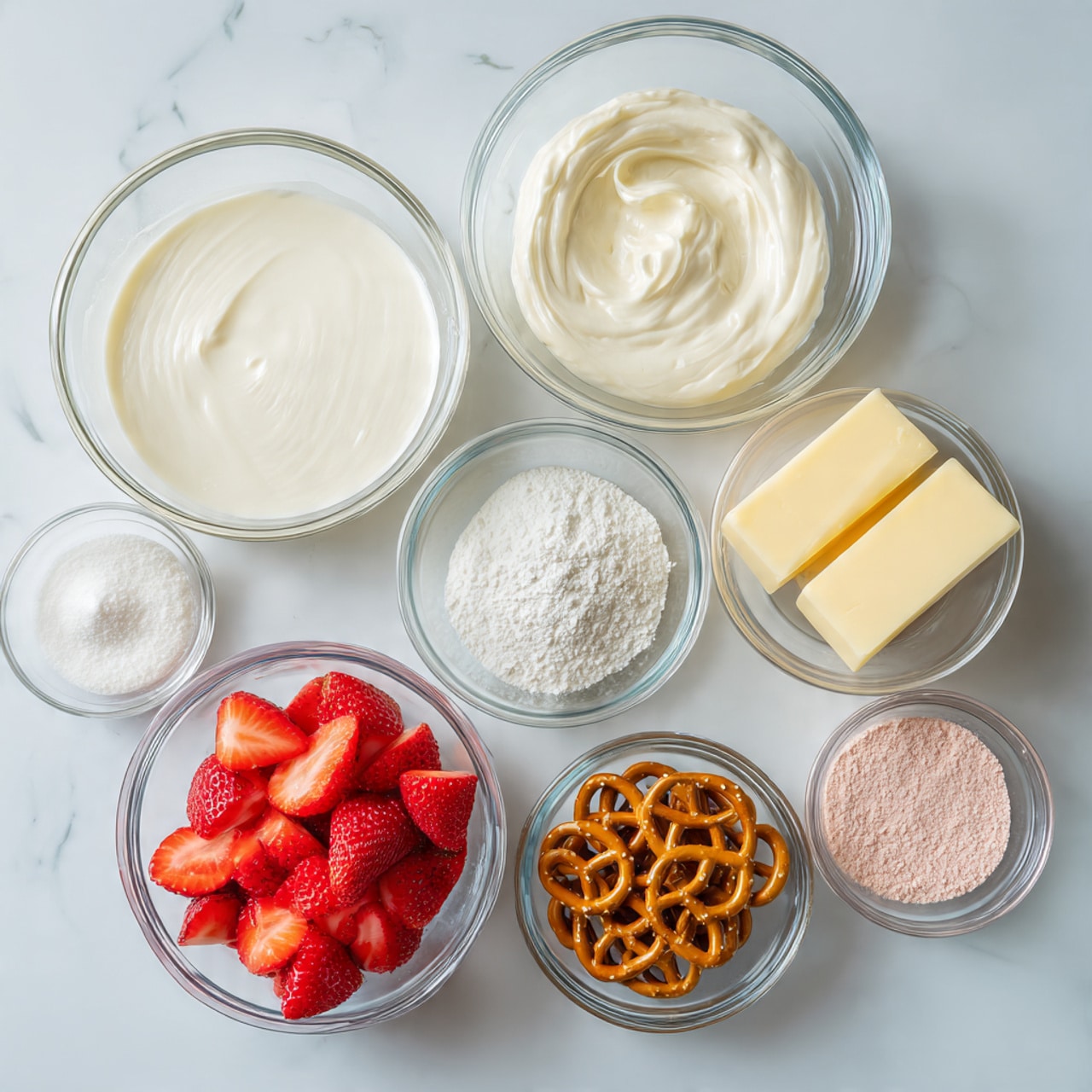 The image shows nine small glass bowls arranged on a white marbled background. The largest bowl in the center contains smooth, thick white cream. Above it is a medium bowl filled with a slightly off-white creamy mixture. To the right of the large bowl are two small bowls, one holding two rectangular pale yellow blocks of butter stacked, and the other with a fine white powder. Below these, a small bowl contains a pink powder. Below and to the left of the main bowl is a medium bowl filled with bright red sliced strawberries, and beside it, a similar bowl holds small, golden-brown pretzel twists. On the left side near the top, there is a small bowl with fine white sugar, and above the cream is a small bowl with another fine white powder. The bowls are clear, showing the textures and colors vividly. Photo taken with an iphone --ar 4:5 --v 7