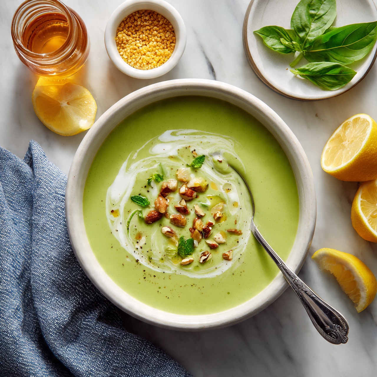 A deep white bowl filled with creamy green soup, topped with a swirl of lighter cream, small green herb pieces, and sprinkled nuts, with a silver spoon resting inside the bowl on the right side. Around the bowl, there is a white plate with green basil leaves on the upper right, a small white bowl with yellow grainy sauce and a spoon on the upper left, and halved lemon pieces scattered on the white marbled surface. The setup includes folded blue and white cloth napkins under the bowl, and a glass container with honey in the top right corner. Photo taken with an iphone --ar 4:5 --v 7