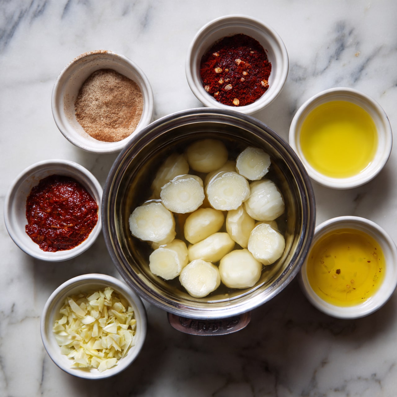 The image shows a top-down view of a metal bowl in the center filled with white cylindrical pieces soaking in water. Surrounding the bowl, there are six small white bowls spaced evenly, each containing a different ingredient: one has a light brown powder, another with a dark red paste, a third with a red chili powder, and three others holding a yellow liquid. One small bowl has finely chopped light yellow pieces that look like garlic or ginger. The whole scene is set on a surface with a white marbled texture. photo taken with an iphone --ar 4:5 --v 7