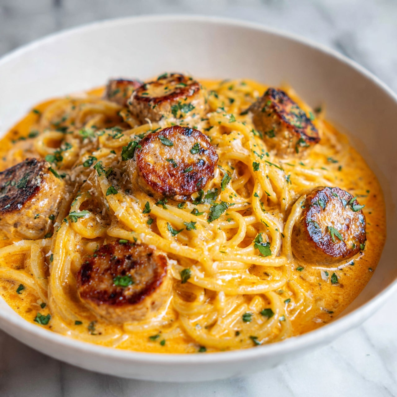 The image shows a close-up of a white bowl filled with cooked spaghetti covered in a creamy orange sauce. On top of the spaghetti are several round slices of browned sausage, some with a slightly crispy texture and darker spots. Small bits of green herbs are sprinkled evenly over the pasta and sausage, adding a fresh contrast. The sauce looks thick and smooth, coating the pasta strands well. The bowl is placed on a white marbled surface with soft lighting highlighting the glossy sauce and browned sausage pieces. photo taken with an iphone --ar 4:5 --v 7