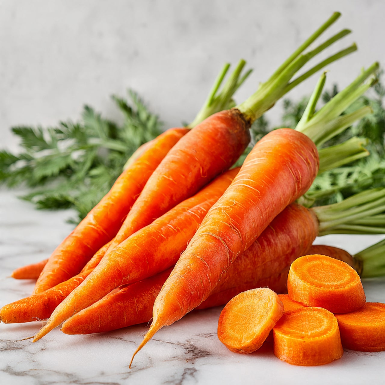 The image shows a group of fresh orange carrots with green leaves on a white marbled surface. Some whole carrots are lying on the surface, and a few carrot slices are placed in front of them. The colors are bright, with the orange of the carrots contrasting with the vibrant green leaves. The texture of the carrots looks smooth, and the slices reveal the inside's slightly lighter orange color. photo taken with an iphone --ar 4:5 --v 7