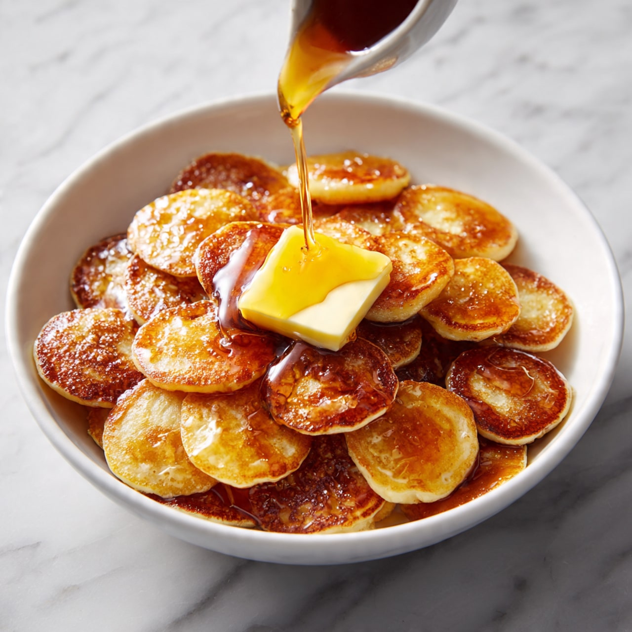 The image shows a white bowl filled with many tiny, round pancake-like pieces in light golden and brown shades. The pieces are piled up and topped with a small square of yellow butter in the center. Thick, amber-colored syrup is being poured over the butter and pancakes from above, creating a shiny, sticky layer on the top. The bowl rests on a white marbled surface. photo taken with an iphone --ar 4:5 --v 7