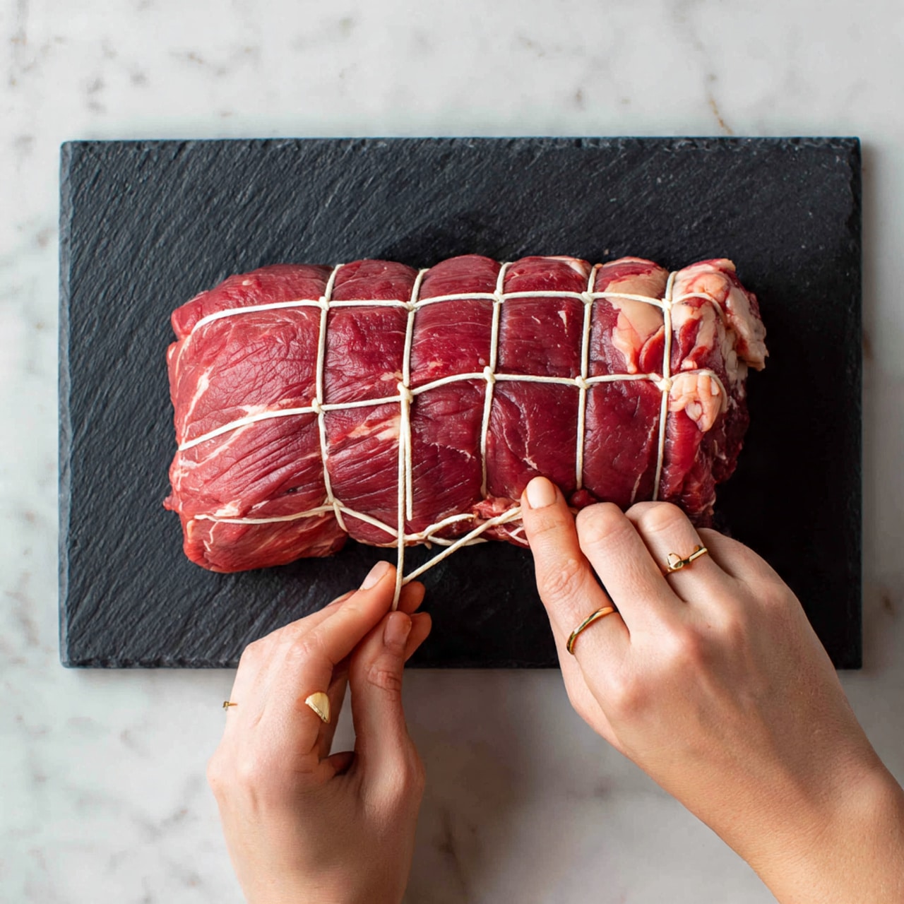 A raw piece of meat is placed on a dark cutting board on a white marbled surface. The meat is thick and red with visible fat streaks and is tied tightly with white string in several places, creating a grid pattern around the meat. Two woman's hands are seen carefully tying the string around the meat, one hand holding the string while the other hand pulls it. The texture of the meat looks smooth and slightly moist with muscle fibers visible under the surface. Photo taken with an iphone --ar 4:5 --v 7