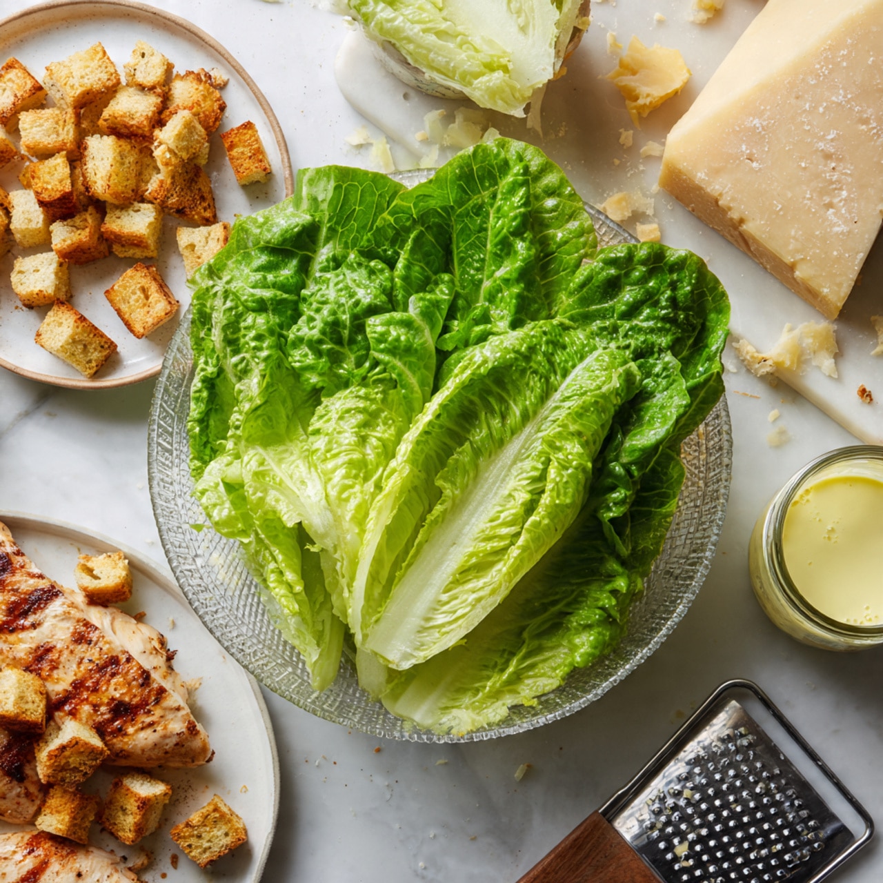 The image shows fresh, bright green romaine lettuce leaves in a clear textured bowl placed at the center, surrounded by small piles of golden brown croutons on a white plate to the left and two grilled, lightly browned chicken pieces on a white plate at the bottom. Near the top right side, there is a light yellow creamy dressing in a glass jar next to a metal cheese grater with a block of pale yellow cheese on it. All the items rest on a white marbled surface with some scattered crumbs visible. photo taken with an iphone --ar 4:5 --v 7