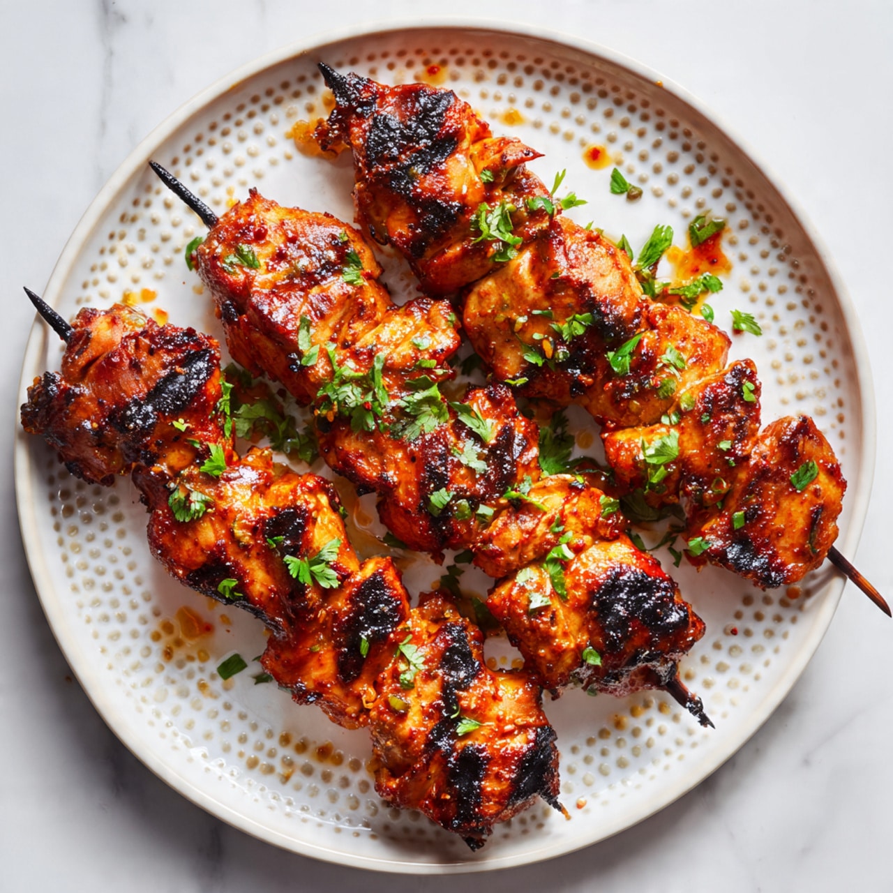 Five grilled chicken skewers are placed side by side on a round white plate with a dotted rim. Each skewer has multiple pieces of chicken that are coated in a shiny reddish glaze, with some black grilled spots, giving them a slightly crispy look. Small bits of green herbs are scattered over the chicken pieces. The plate is set on a white marbled surface that adds a clean, bright background to the image. photo taken with an iphone --ar 4:5 --v 7