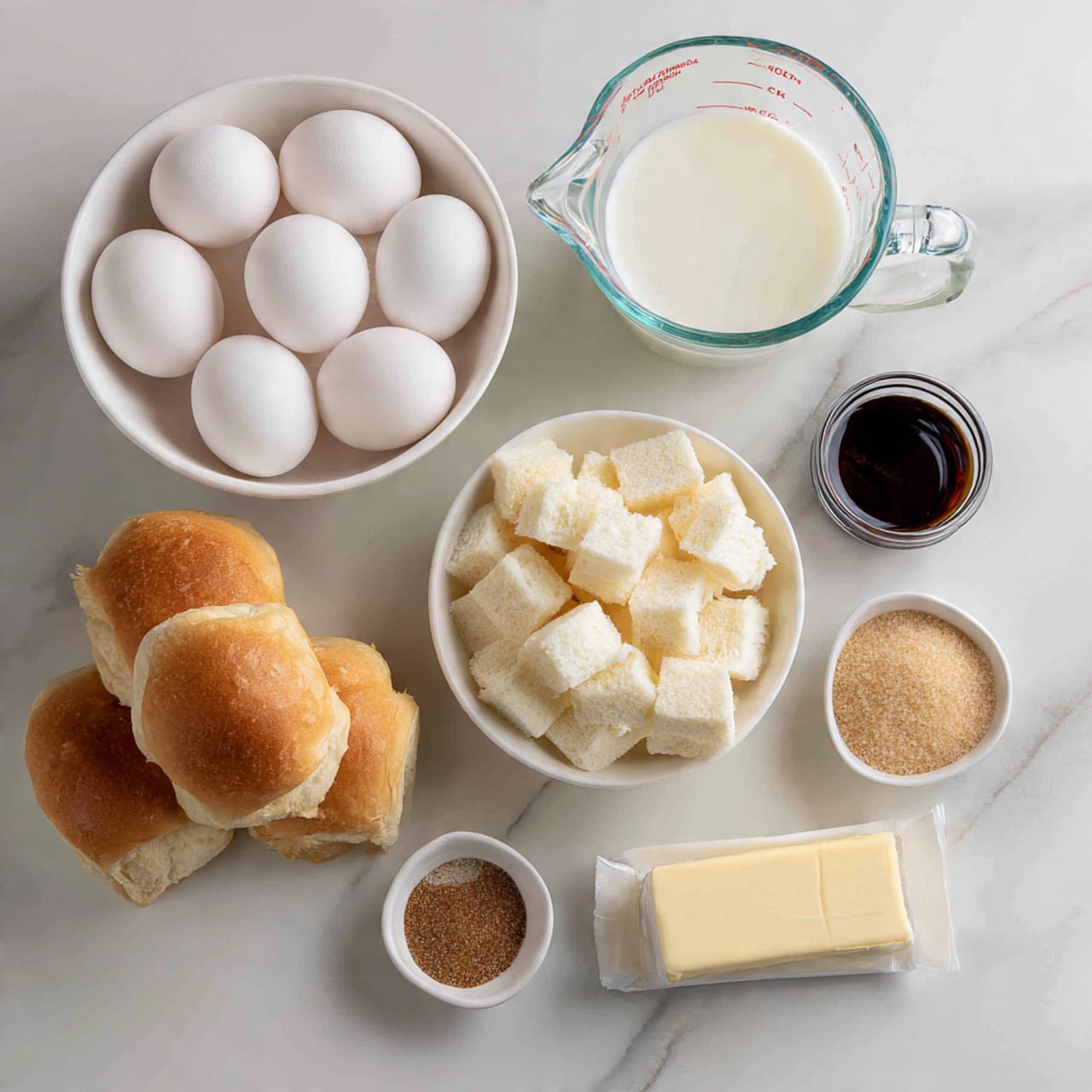 The image shows several ingredients arranged neatly on a white marbled surface. At the top left, there is a white bowl filled with white eggs. To the right of the eggs, there is a clear glass measuring cup with milk. Below the eggs, a white bowl holds pieces of soft white bread cut into cubes. Next to the bread bowl, on the left side of the image, are four soft bread rolls stacked together. On the right side, near the bread bowl, there is a small white bowl with light brown sugar, and next to it is a stick of butter in its wrapper. In front of the butter and sugar, there is a small white dish containing a mix of brown powder and salt. Lastly, there is a small dark bottle of vanilla extract placed on the surface near the butter. All items are arranged in a clean and simple way. photo taken with an iphone --ar 4:5 --v 7
