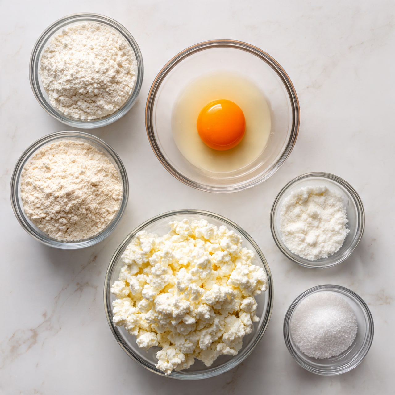 The image shows six clear glass bowls arranged on a white marbled surface. At the center right, there is a large bowl filled with white, crumbly cottage cheese. Above that, a medium bowl holds one raw egg with a bright orange yolk surrounded by clear egg white. To the top right, a small bowl contains a fine white powder, likely a seasoning. On the bottom right near the center, another small bowl holds a white granular substance, probably sugar or salt. To the left lower side, two bowls are visible, one with a light beige flour-like powder and the other with a white granular substance similar to sugar. Each bowl is clear and simple in design. Photo taken with an iphone --ar 4:5 --v 7