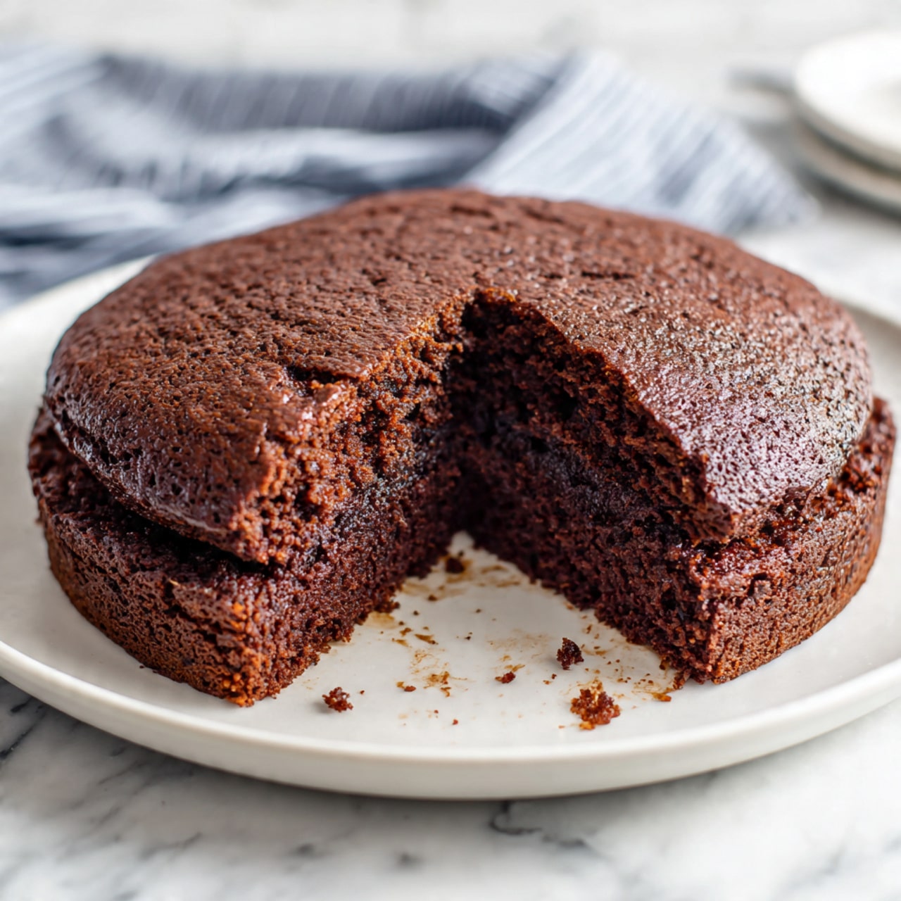 The image shows a close-up of a thick, round chocolate cake on a white plate. One slice is lifted, showing two layers inside: a darker, moist chocolate layer on the bottom and a lighter, fluffy chocolate layer on top. The surface of the cake is cracked and has a dry, crumbly texture. The background is a white marbled surface with a soft focus, and a blurred blue and white cloth is in the background. photo taken with an iphone --ar 4:5 --v 7