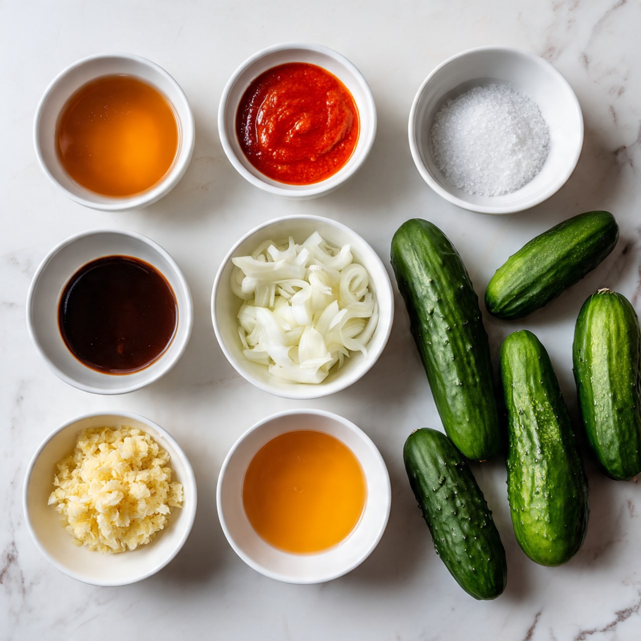 The image shows eight small white bowls placed on a white marbled surface, each filled with different ingredients. Starting from the top left, there is a light brown liquid, followed by a bright red sauce, then an orange-yellow sauce. Below those are a bowl with white sliced onions in the center, a bowl of light yellow minced garlic on the left, and a dark brown thick sauce beneath it. Next to that is a bowl filled with coarse white salt, and finally, a bowl containing a clear or pale liquid. To the right side of the bowls, several whole green cucumbers with a fresh texture lay in a neat row. The setup highlights each ingredient in clear and vibrant colors, giving a clean and organized look. photo taken with an iphone --ar 4:5 --v 7