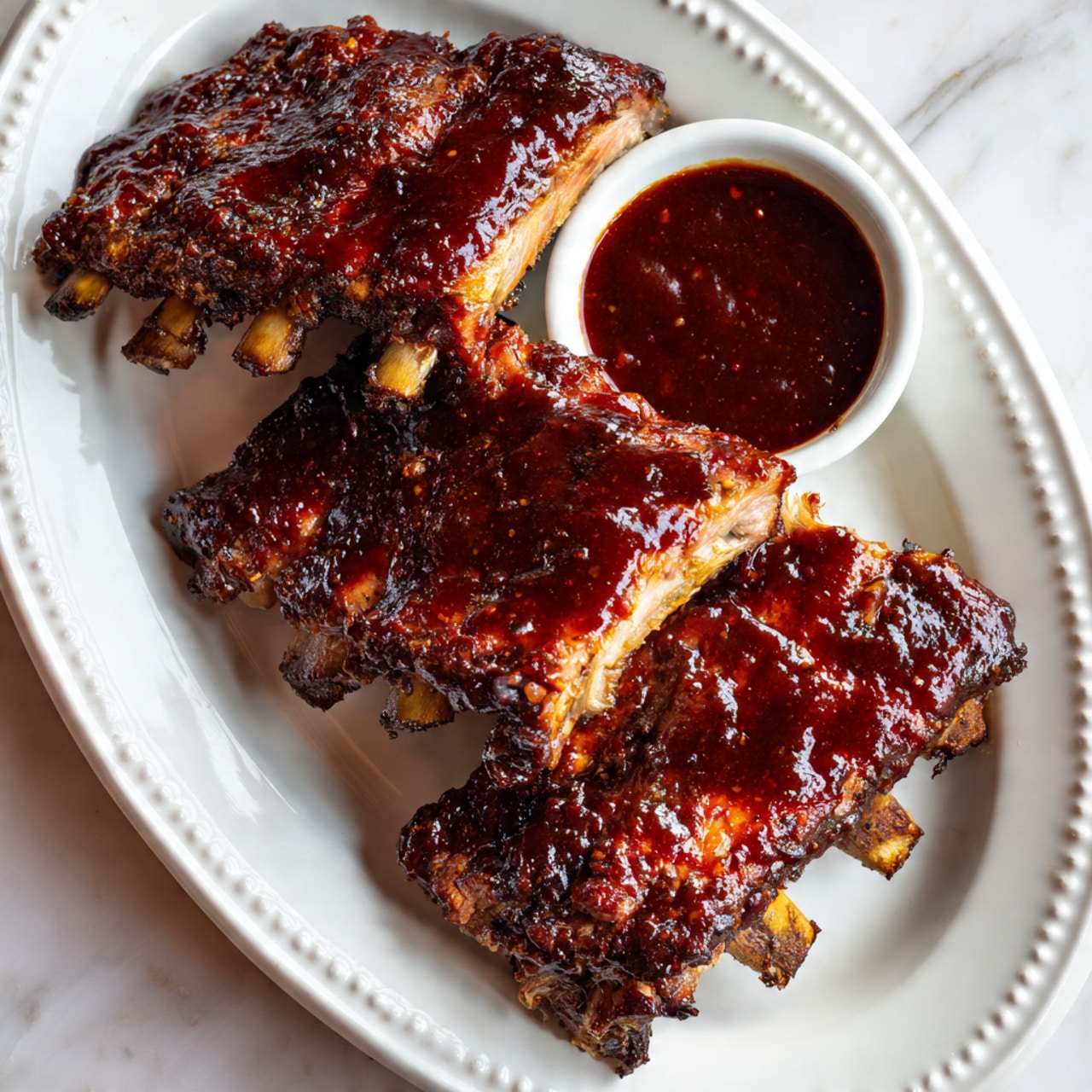 The image shows three ribs covered in thick, dark red barbecue sauce, arranged on a white oval plate with a dotted edge pattern. There is a small round white bowl on the side, filled with the same dark red sauce. The ribs have a rich, shiny texture with visible meat and bone ends. The plate is placed on a white marbled surface. The whole dish looks juicy and sticky, catching light on the sauce’s glossy surface. Photo taken with an iphone --ar 4:5 --v 7