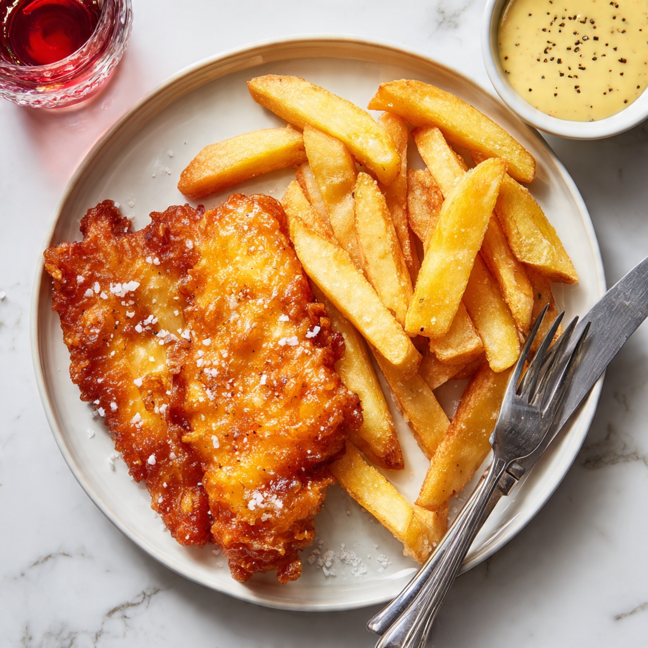 The image shows a white round plate with two large pieces of golden brown fried fish on the left side, with a crispy, uneven texture and sprinkled with coarse sea salt. To the right of the fish, there is a pile of thick, pale yellow fries that also have a light coating of salt, with a shiny and slightly rough surface. A silver fork rests partially under the fries on the right side of the plate, and a silver knife lies next to the plate on a white marbled surface. In the top right corner, there is a small white bowl with a creamy, pale yellow sauce flecked with black pepper, and a glass container with a red liquid is partly visible behind it. Photo taken with an iphone --ar 4:5 --v 7