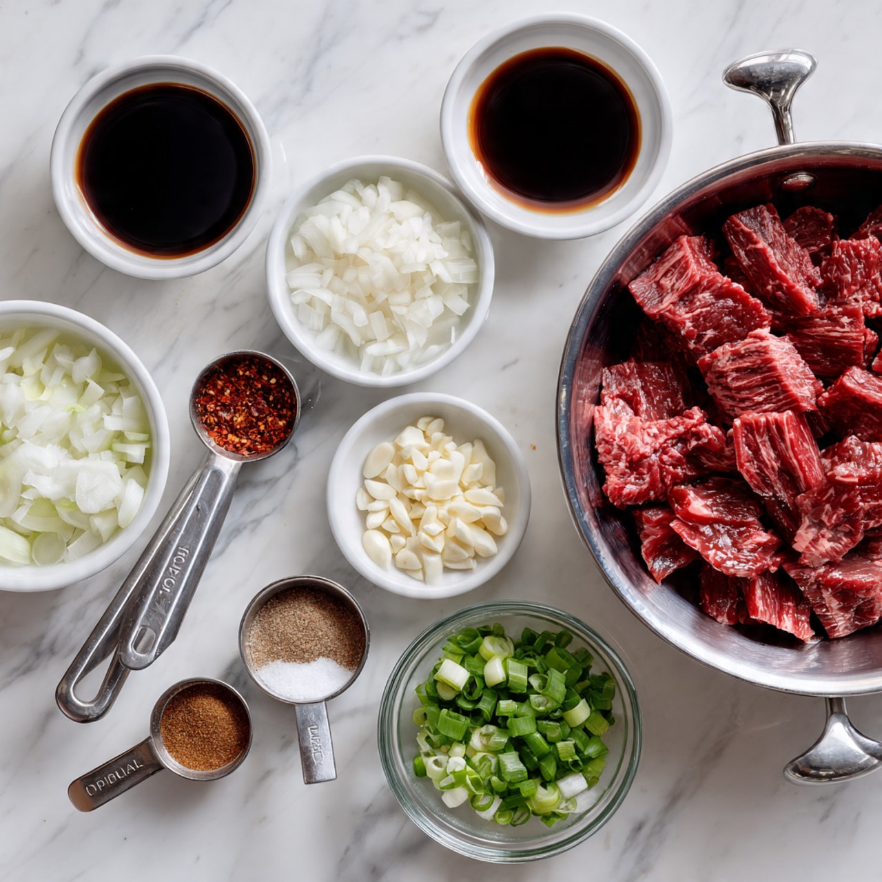 The image shows several small glass bowls and spoons arranged on a white marbled surface. On the right side, a large silver metal bowl contains red raw meat strips. Surrounding it are smaller white bowls holding various ingredients: one has white chopped onions, another with white chopped garlic, a dark liquid sauce, a light creamy sauce, red chili flakes, soy sauce, and chopped green onions. Two silver measuring spoons with brown and white powders are also placed near the bowls. A woman's hand is about to pick one bowl. Photo taken with an iphone --ar 4:5 --v 7