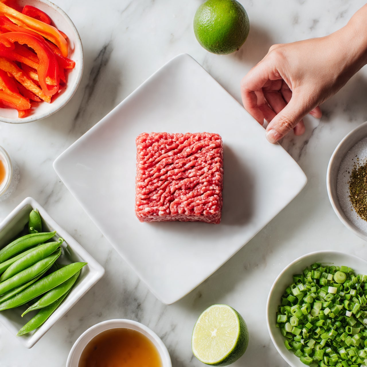 The image shows a white plate with a square piece of raw ground meat that is bright red with a slightly uneven texture. Around the plate are different small white bowls placed on a white marbled surface; one bowl has fresh green snap peas, another bowl contains chopped green onions with fine texture, and a third bowl is filled with thinly sliced red bell peppers that look juicy and smooth. There are also small bowls with different sauces and oils in light brown and dark brown colors. A margarita lime cut in half is beside these bowls, adding a fresh touch. A woman's hand is gently reaching towards the ingredients. photo taken with an iphone --ar 4:5 --v 7