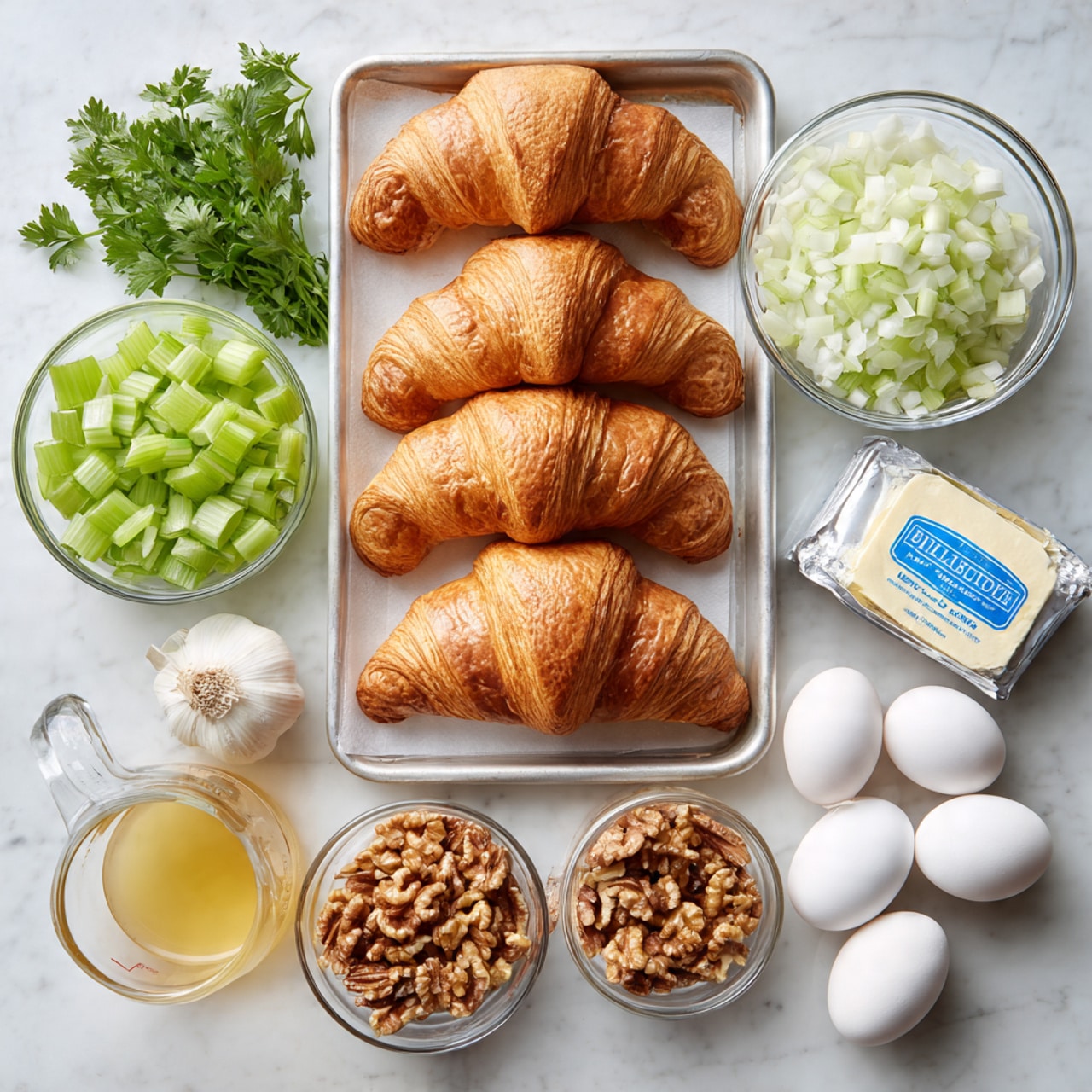 The image shows a tray with ingredients arranged neatly on a white marbled surface, featuring seven golden brown croissants in the center stacked closely together, showing their flaky texture. On the top left, there is a glass bowl filled with chopped pale green celery, and next to it on the top right, another glass bowl holds finely chopped white onion. Below the onion bowl is a stick of butter with a blue label. On the bottom right corner, a white package of mild pork Italian sausage lies next to three whole white eggs. Near the bottom center, a glass bowl is filled with chopped brown walnuts. On the bottom left, a clear measuring cup contains a light yellow liquid, and behind it is a garlic bulb. A small bunch of fresh green herbs is placed near the celery bowl. The whole scene is bright and clean, focused on the food items with no extra props. photo taken with an iphone --ar 4:5 --v 7